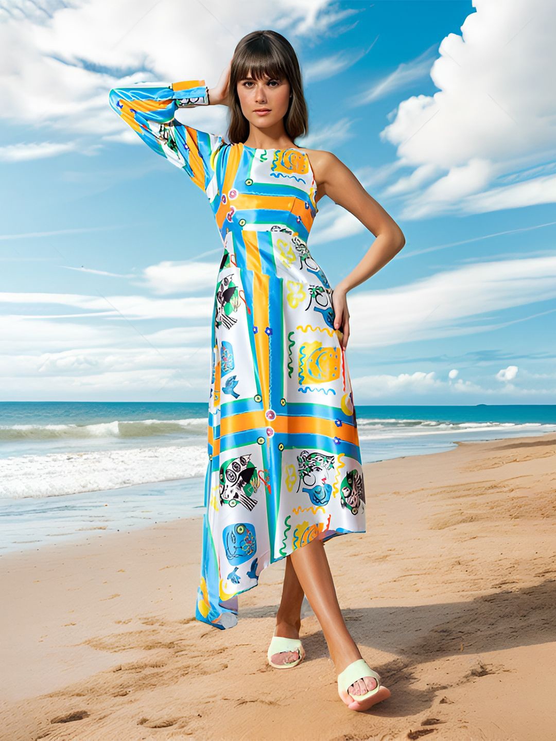 

DressBerry Graphic Printed Fit & Flare Midi Dress, Blue