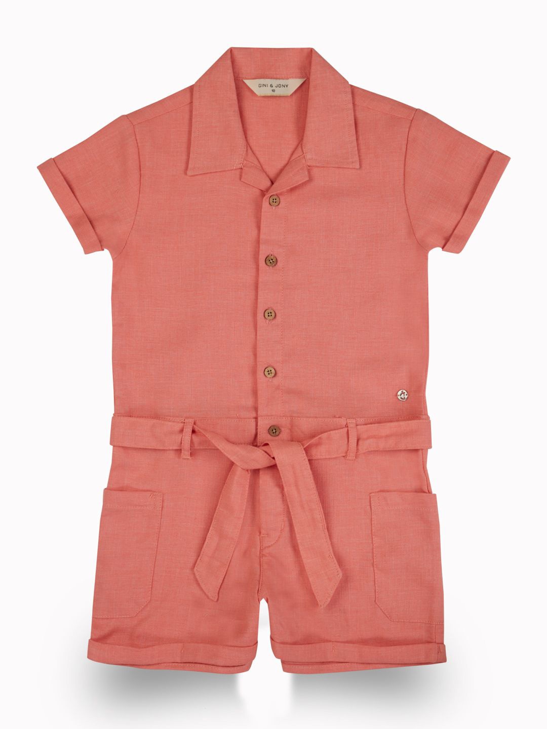 

Gini and Jony Girls Shirt Collar Cotton Jumpsuit, Peach