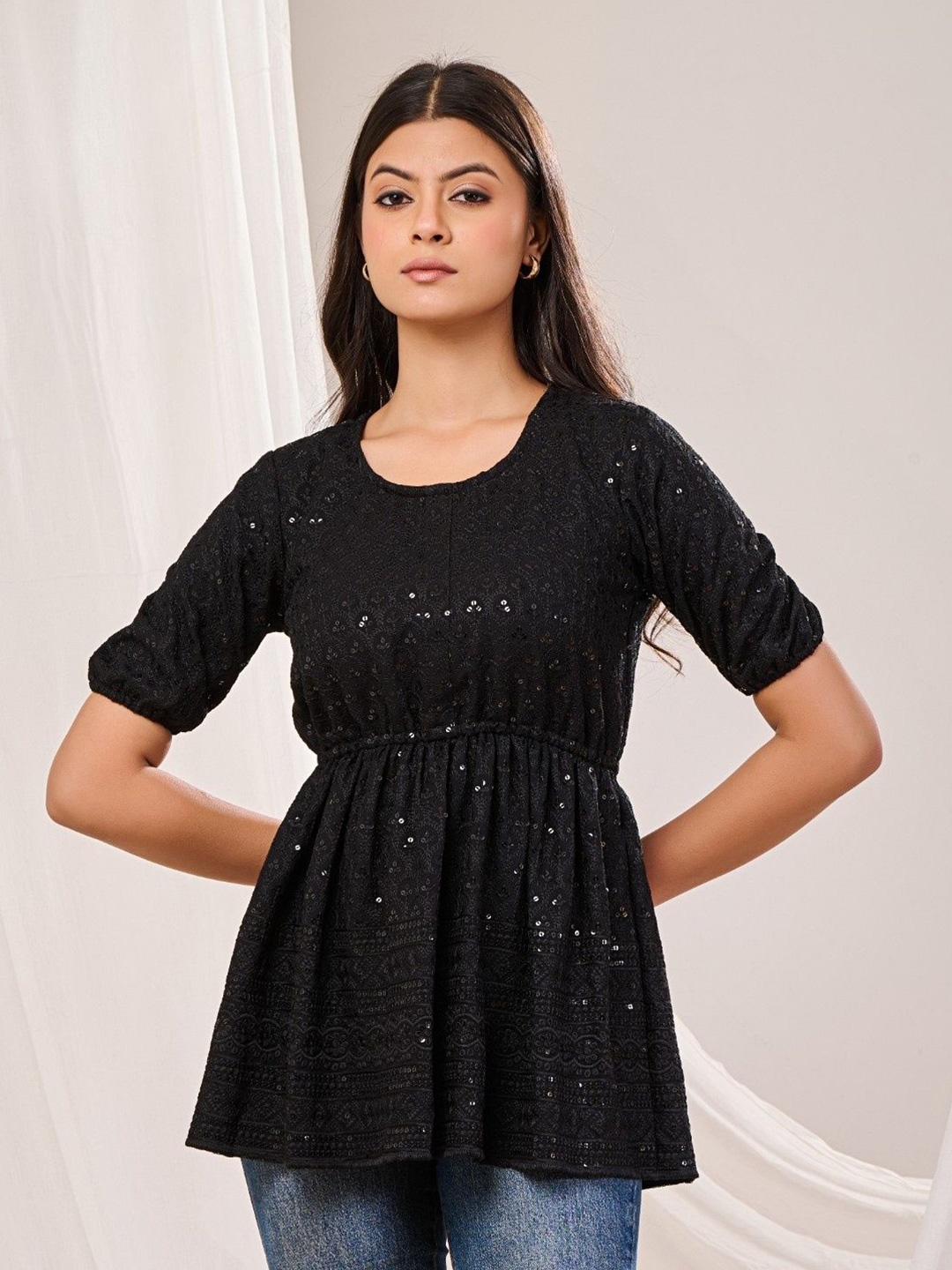 

Futra Gabha Embroidered Empire Longline Top, Black