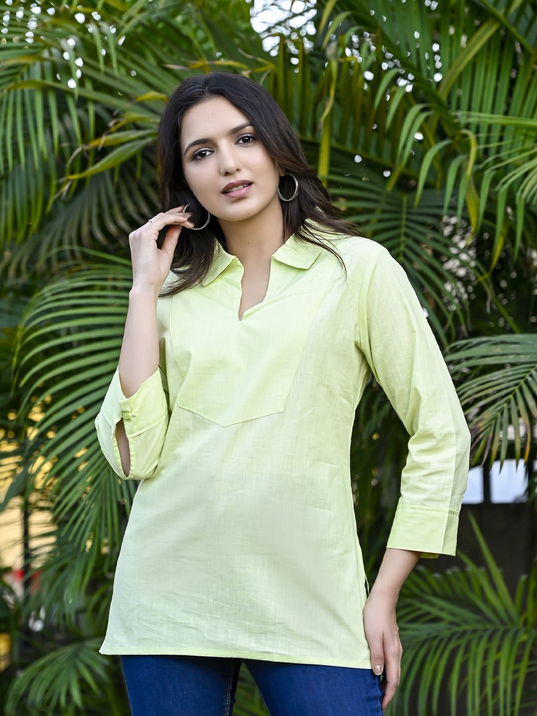 

Peikh Women Shirt Collar Cuffed Sleeves Linen Top, Green