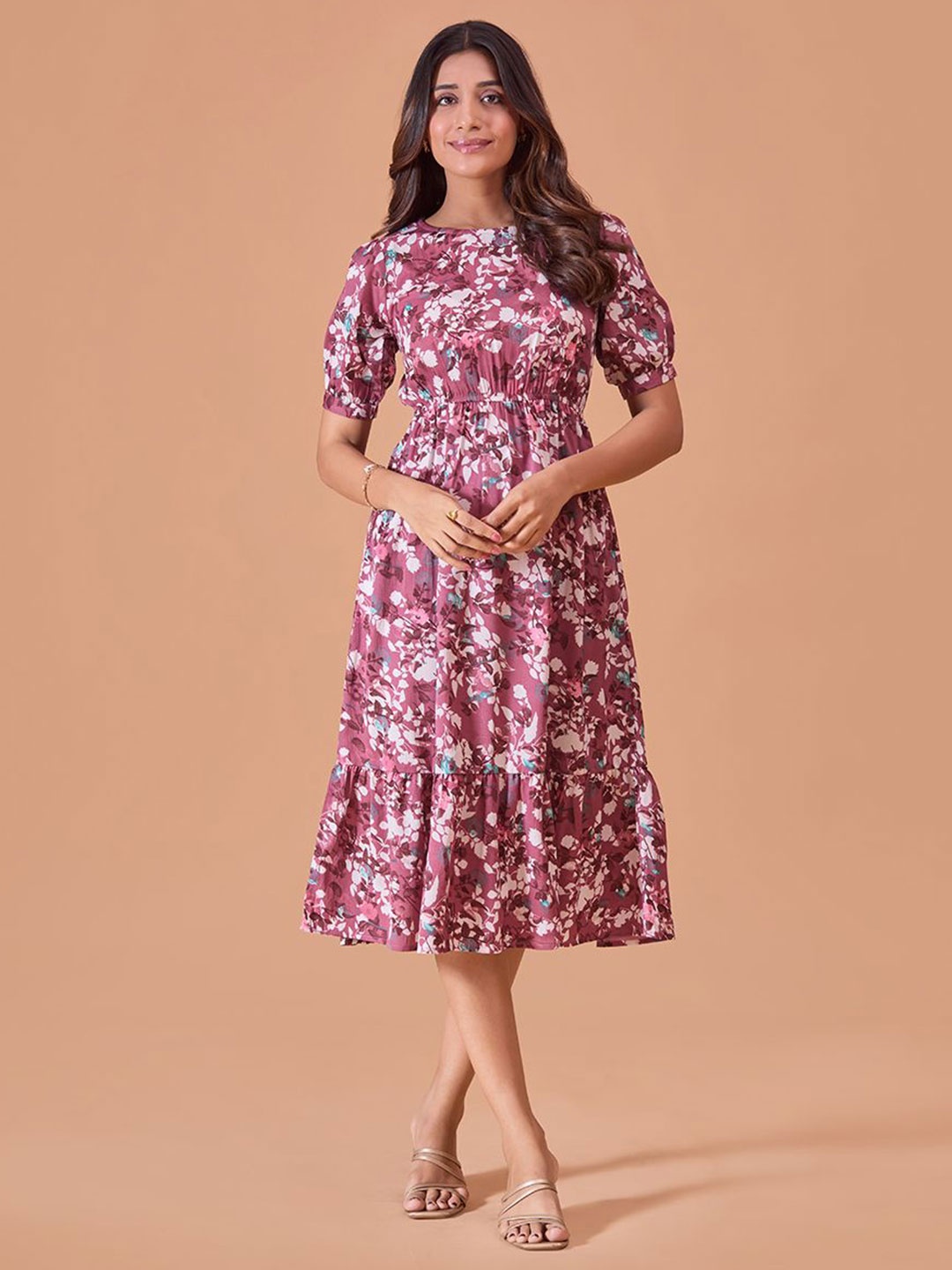 

Fashfun Women Floral Printed Puff Sleeve Fit & Flare Midi Dress, Pink