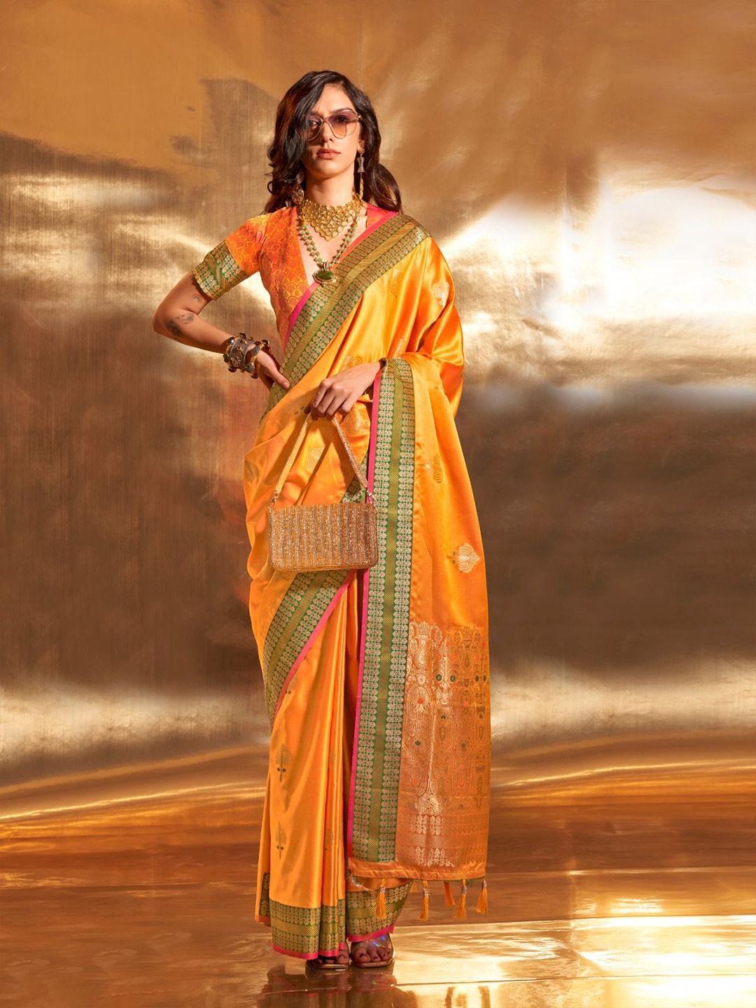 

ODETTE Ethnic Motifs Zari Satin Saree, Yellow