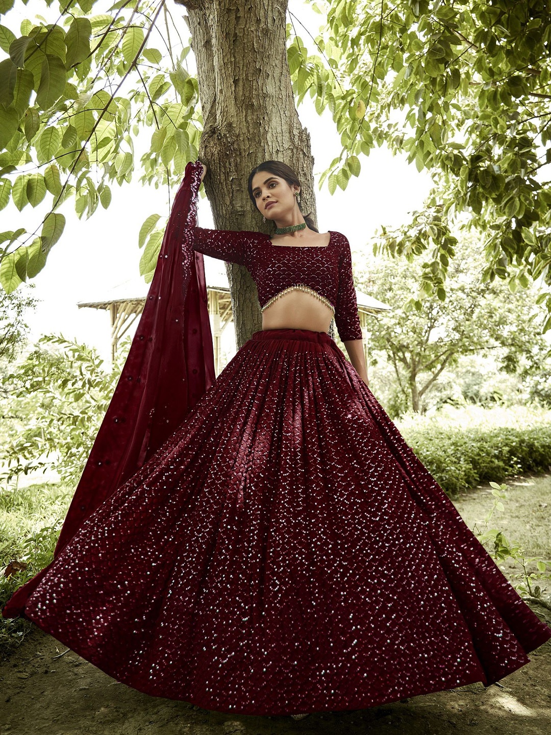 

KALINI Embroidered Sequinned Semi-Stitched Lehenga & Unstitched Blouse With Dupatta, Maroon