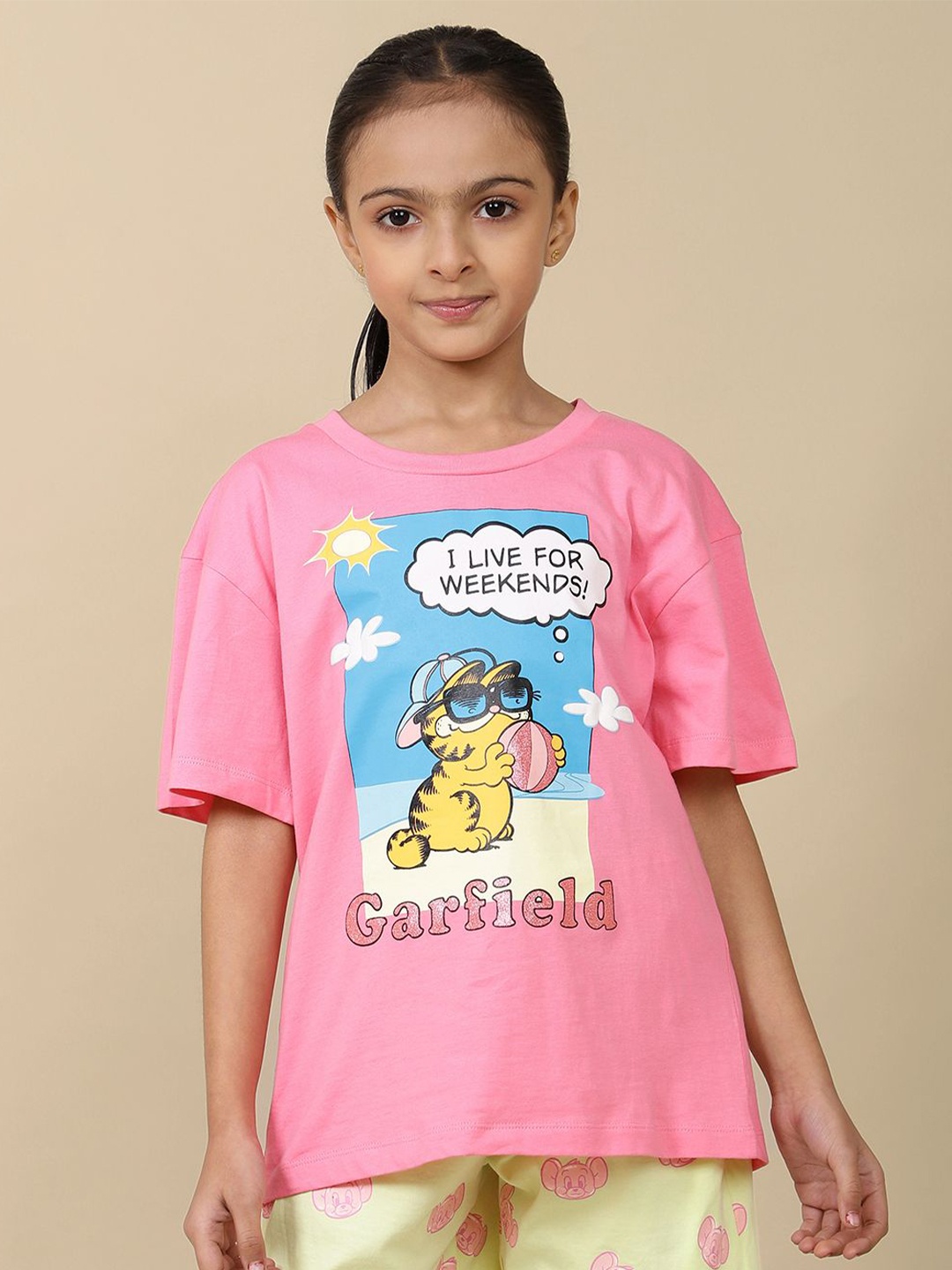 

Kids Ville Girls Garfield Printed oversized fit Tshirt, Pink