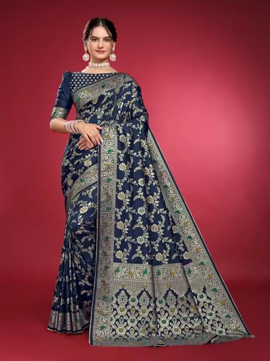 

KALINI Ethnic Motifs Woven Design Zari Pure Silk Saree, Navy blue