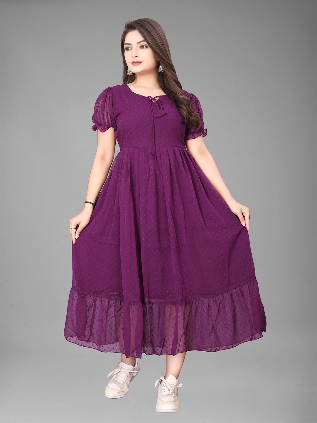 

QENA Women Polka Dot Puff Sleeve Fit - Flare Midi Dress, Purple