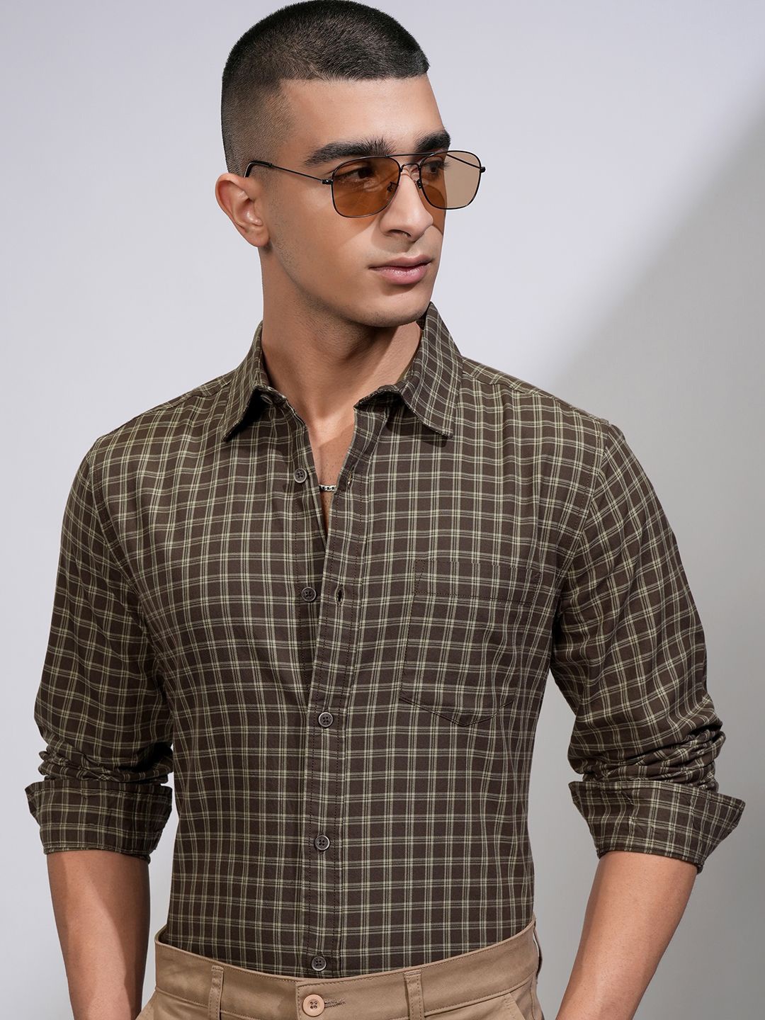 

HIGHLANDER Men Checked Slim FIt Casual shirt, Brown