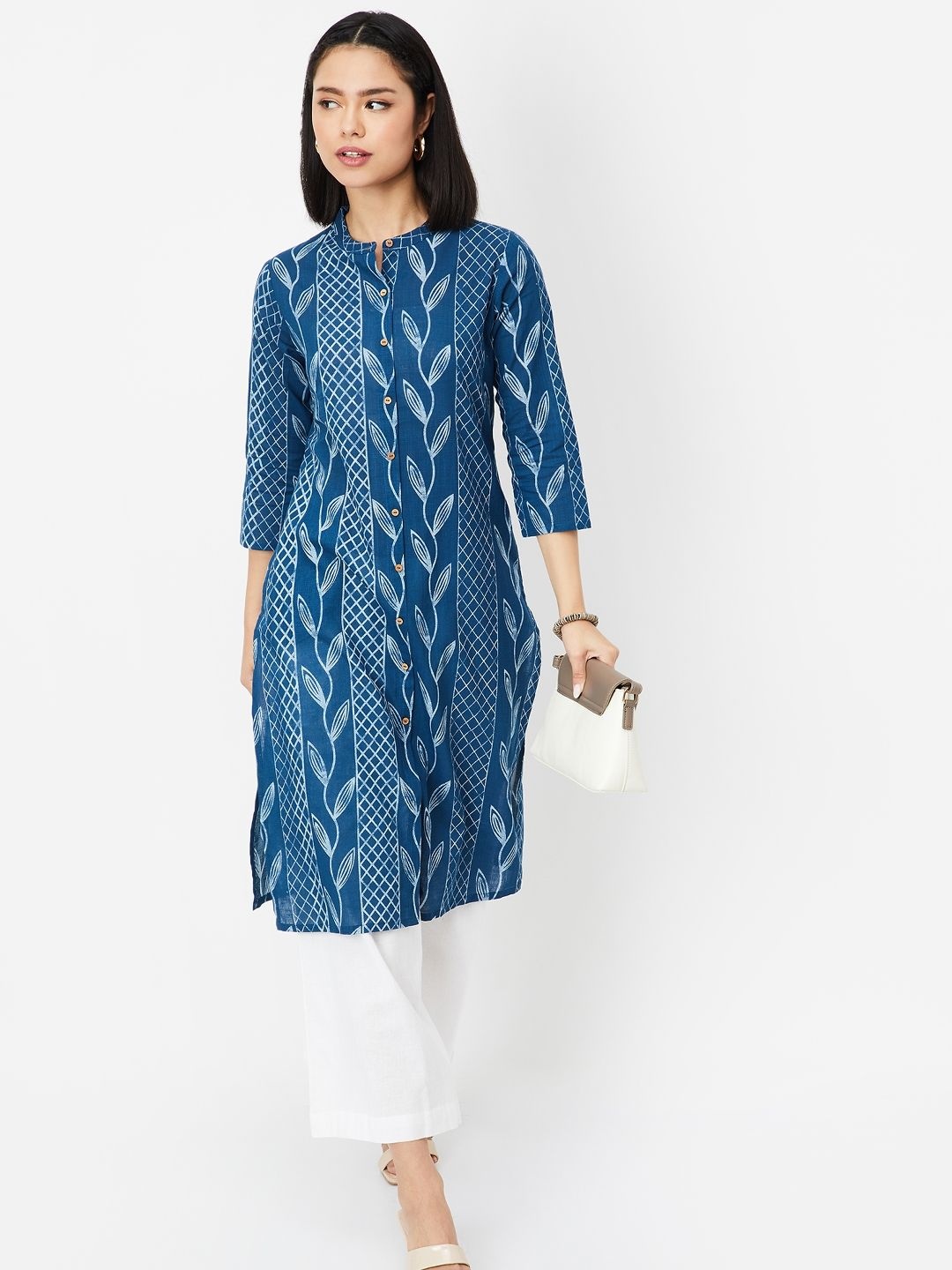 

max High Slit Floral Printed Mandarin Collar Cotton Straight Kurta, Blue