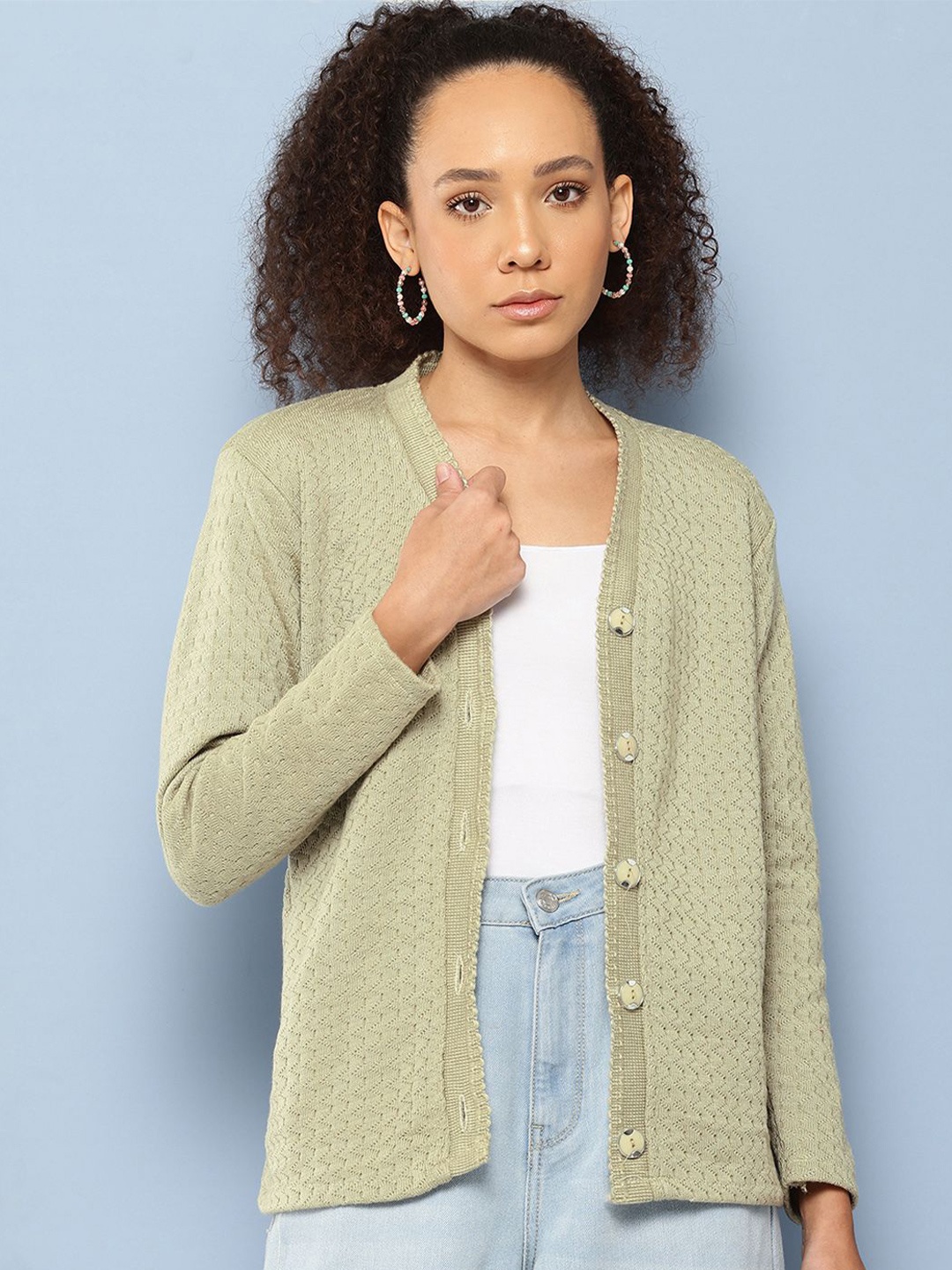 

BAESD Women Open Knit V-Neck Woollen Cardigan, Olive