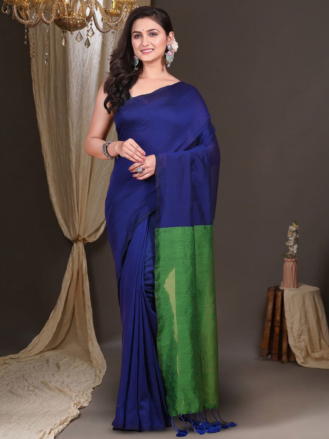 

T.J. SAREES Colourblocked Pure Cotton Khadi Saree, Blue