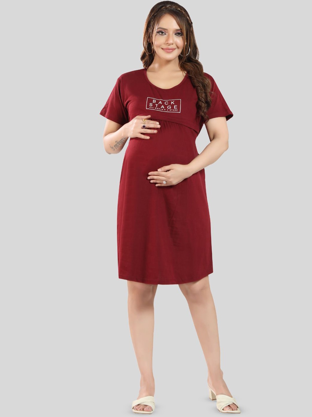 

Fabme Typography Printed Pure Cotton Maternity T-Shirt Dress, Maroon