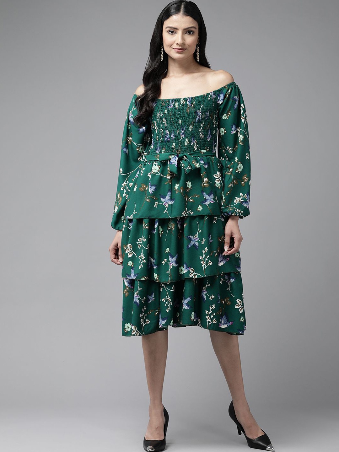 

BAESD Women Floral Printed Off-Shoulder Puff Sleeve Fit and Flare Dress, Green