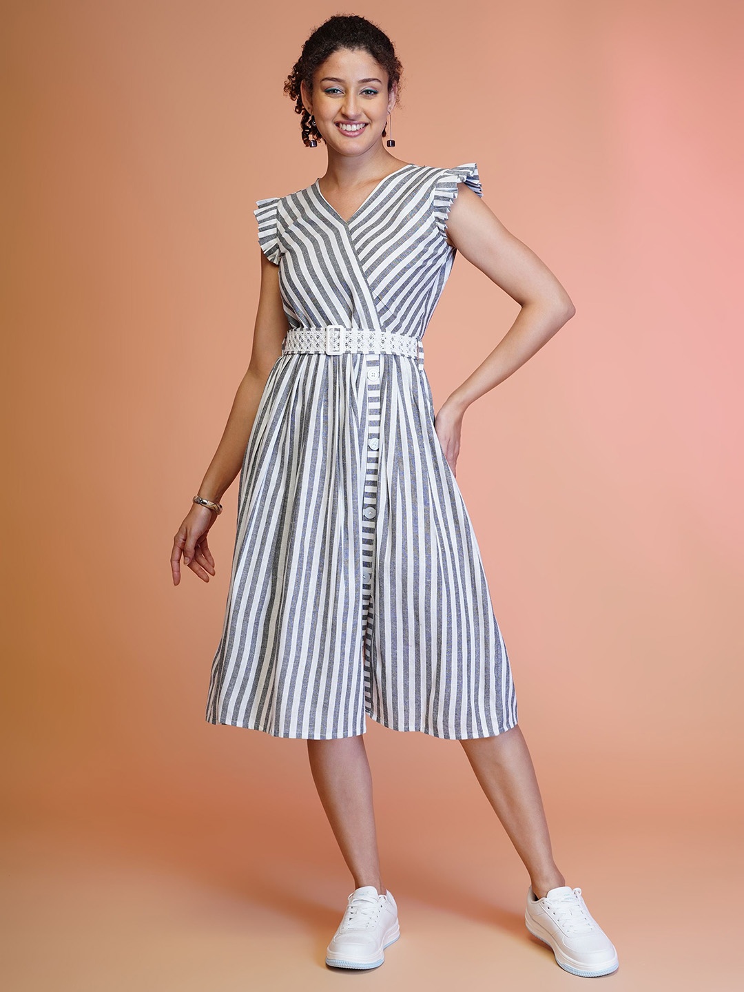 

YANAMORA Striped Flutter Sleeve Cotton Fit & Flare Dress, Grey