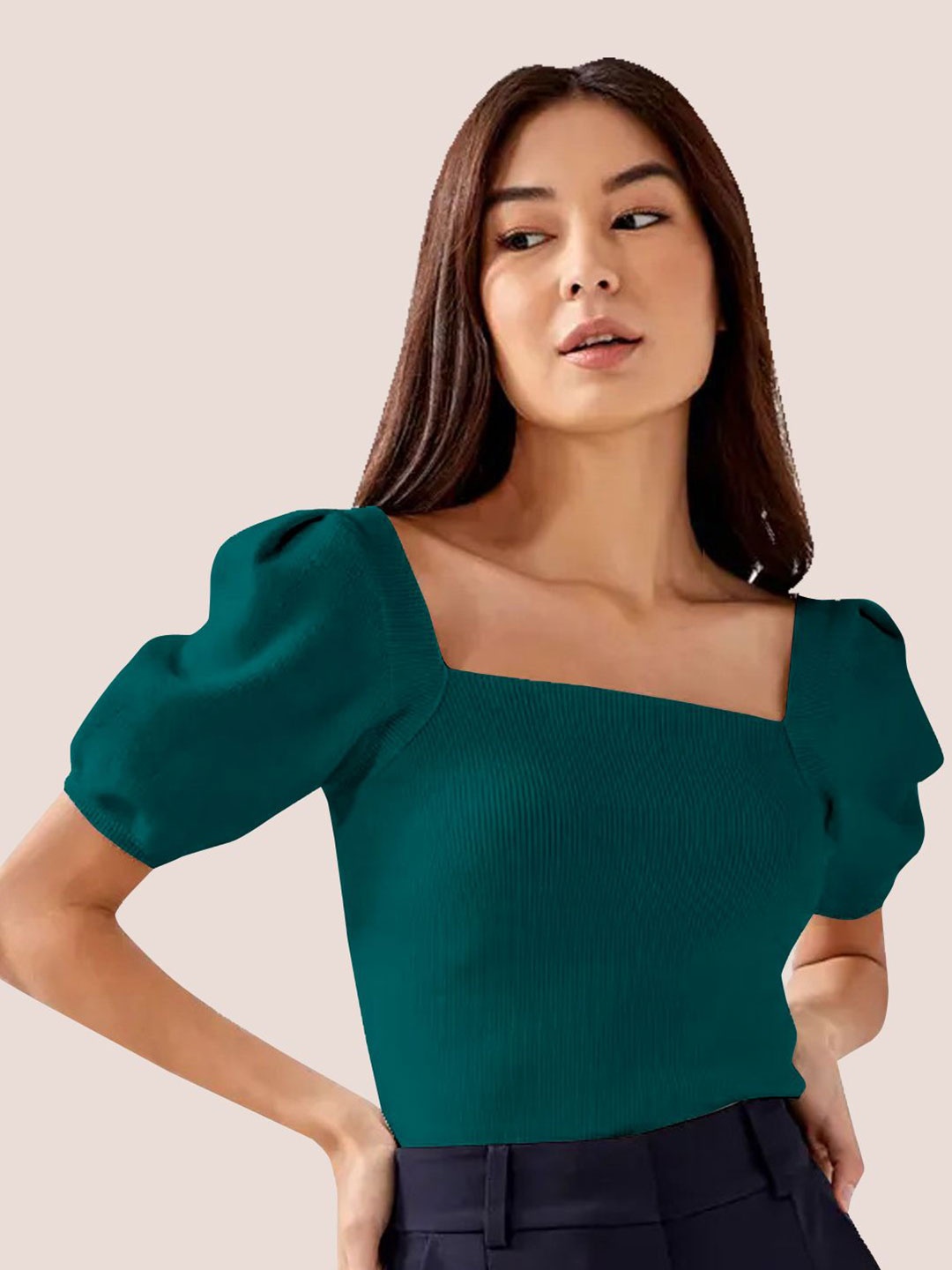 

BerryBird Square Neck Puff Sleeve Knitted Top, Sea green