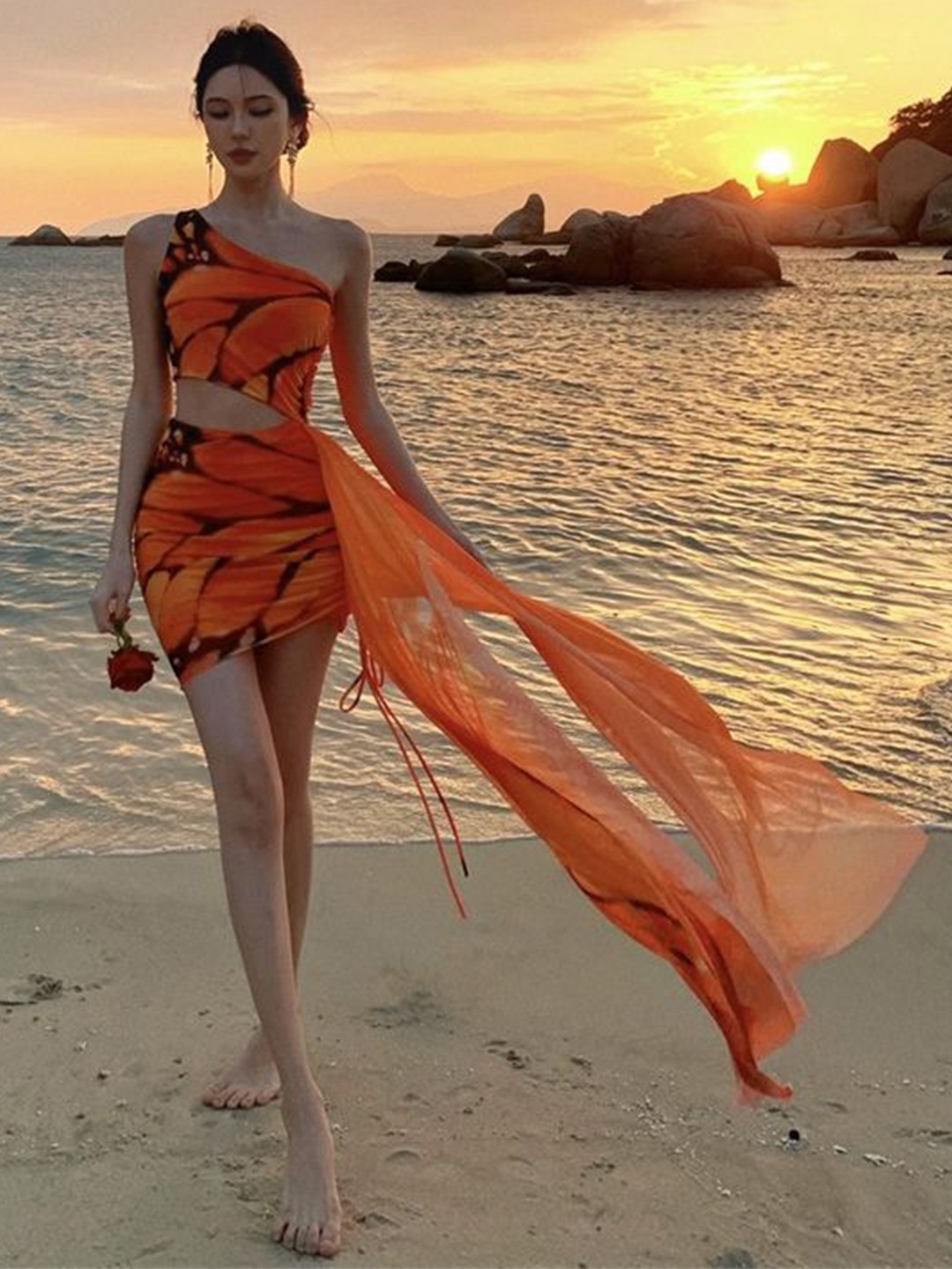 

LULU & SKY Print One Shoulder Bodycon Mini Dress, Orange