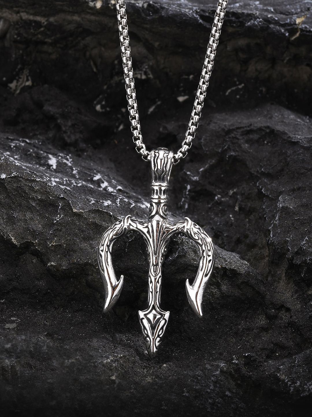 

Peora Men Silver-Plated Stainless Steel Fancy Trishul Pendant with Chain