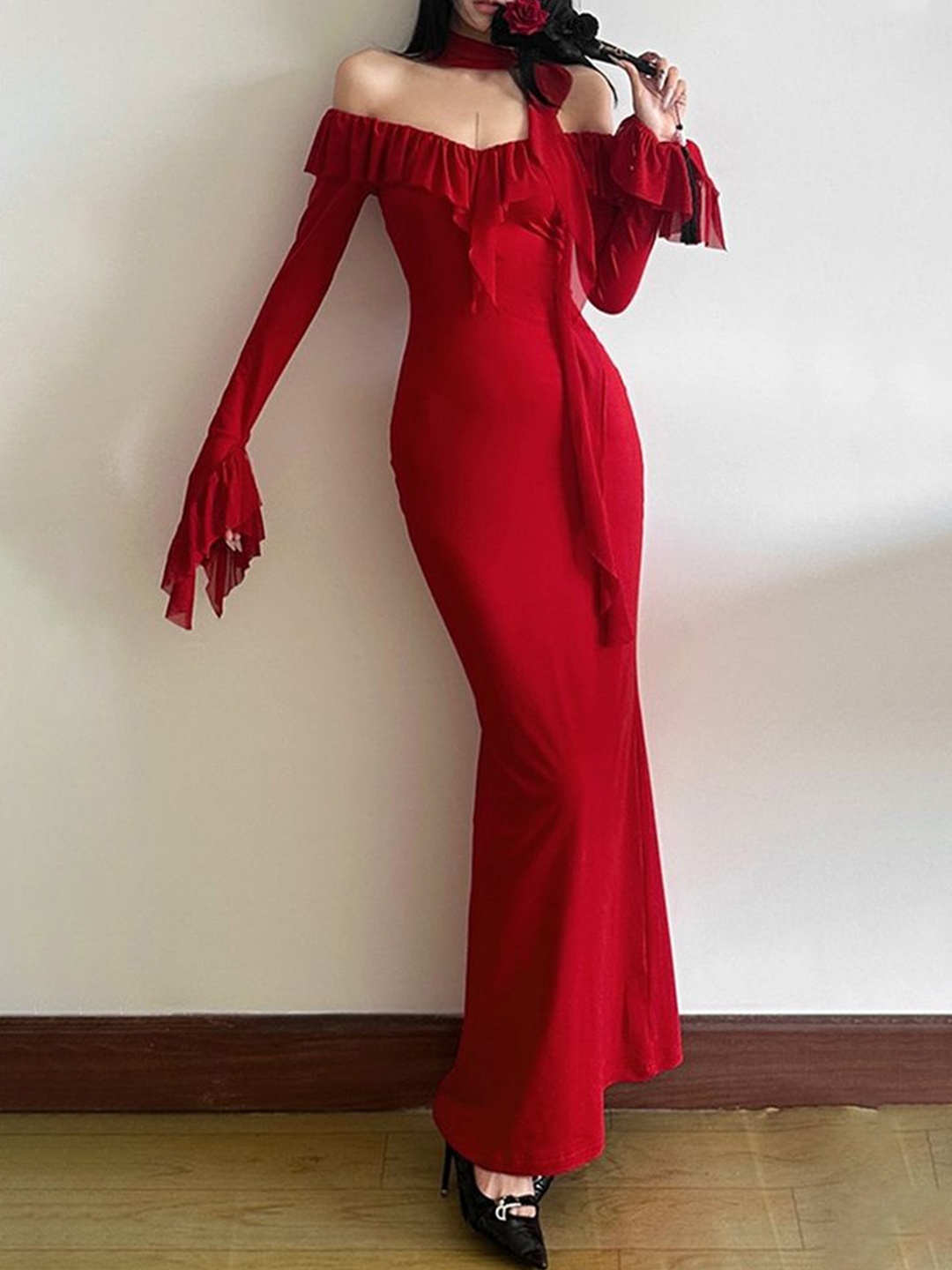 

LULU & SKY Women Off-Shoulder Maxi Dress, Red