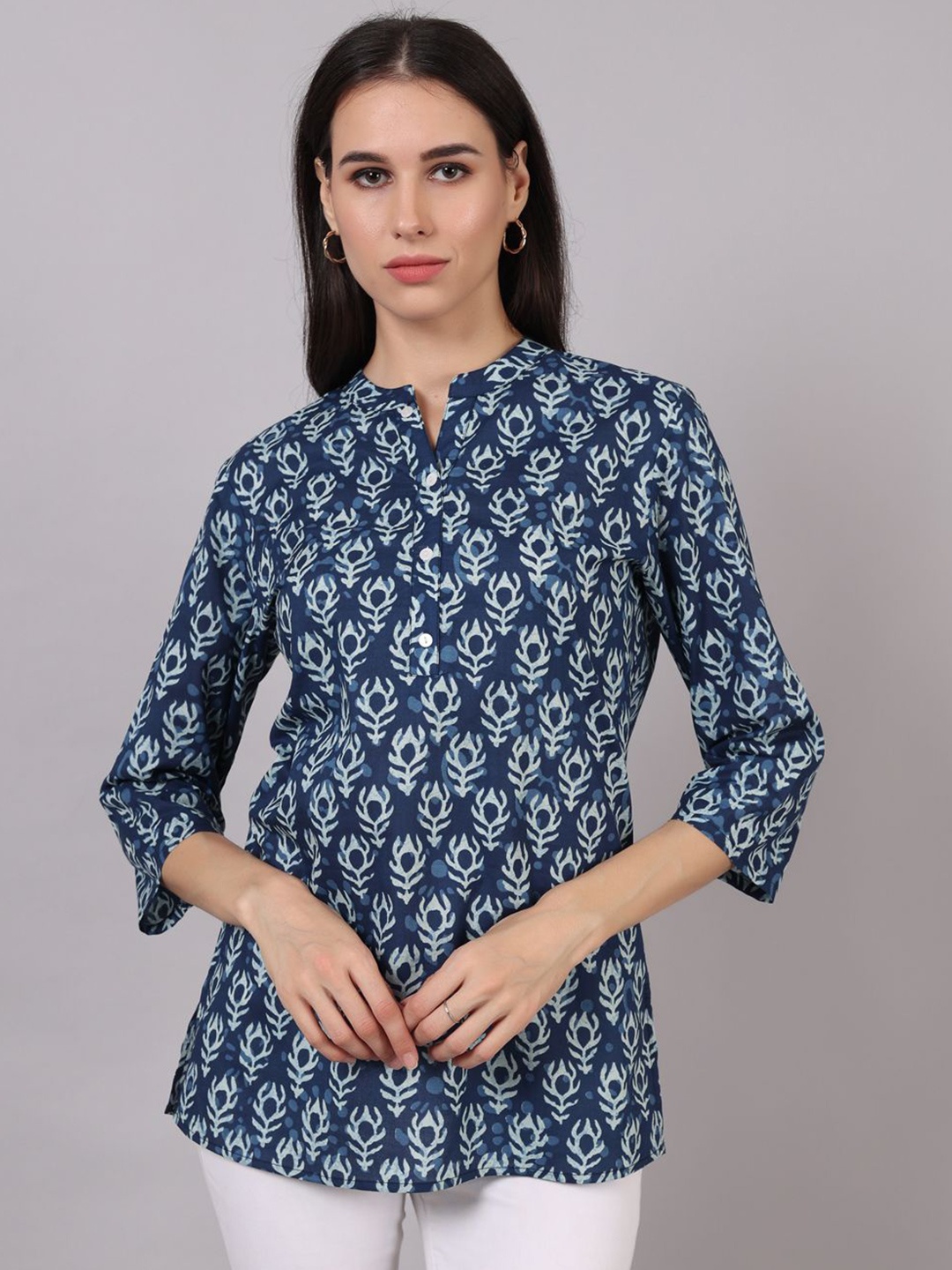 

Jaamso Royals Cotton Mandarin Collar Printed Tunic, Blue