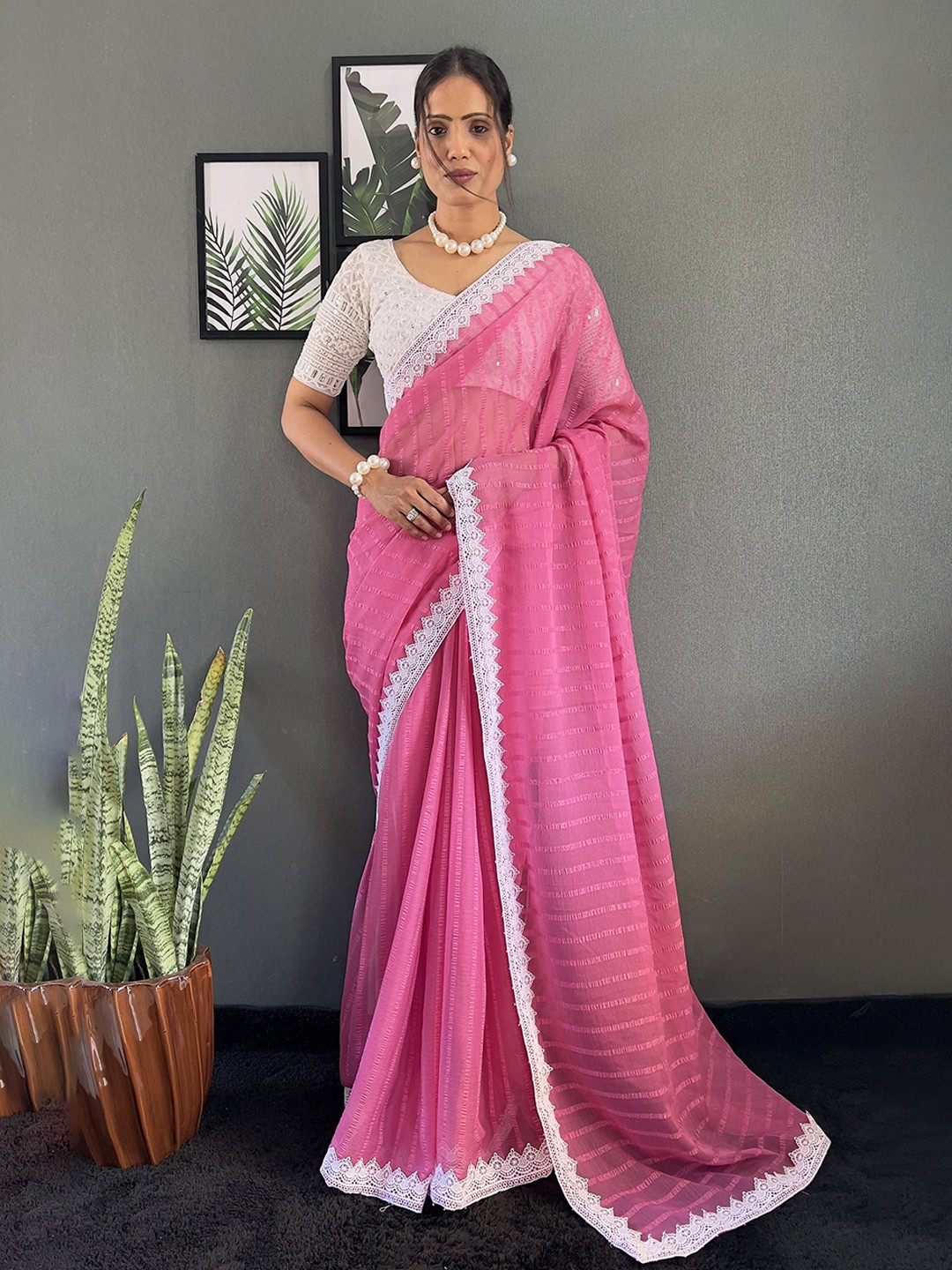 

Aika Striped Pure Chiffon Saree, Pink