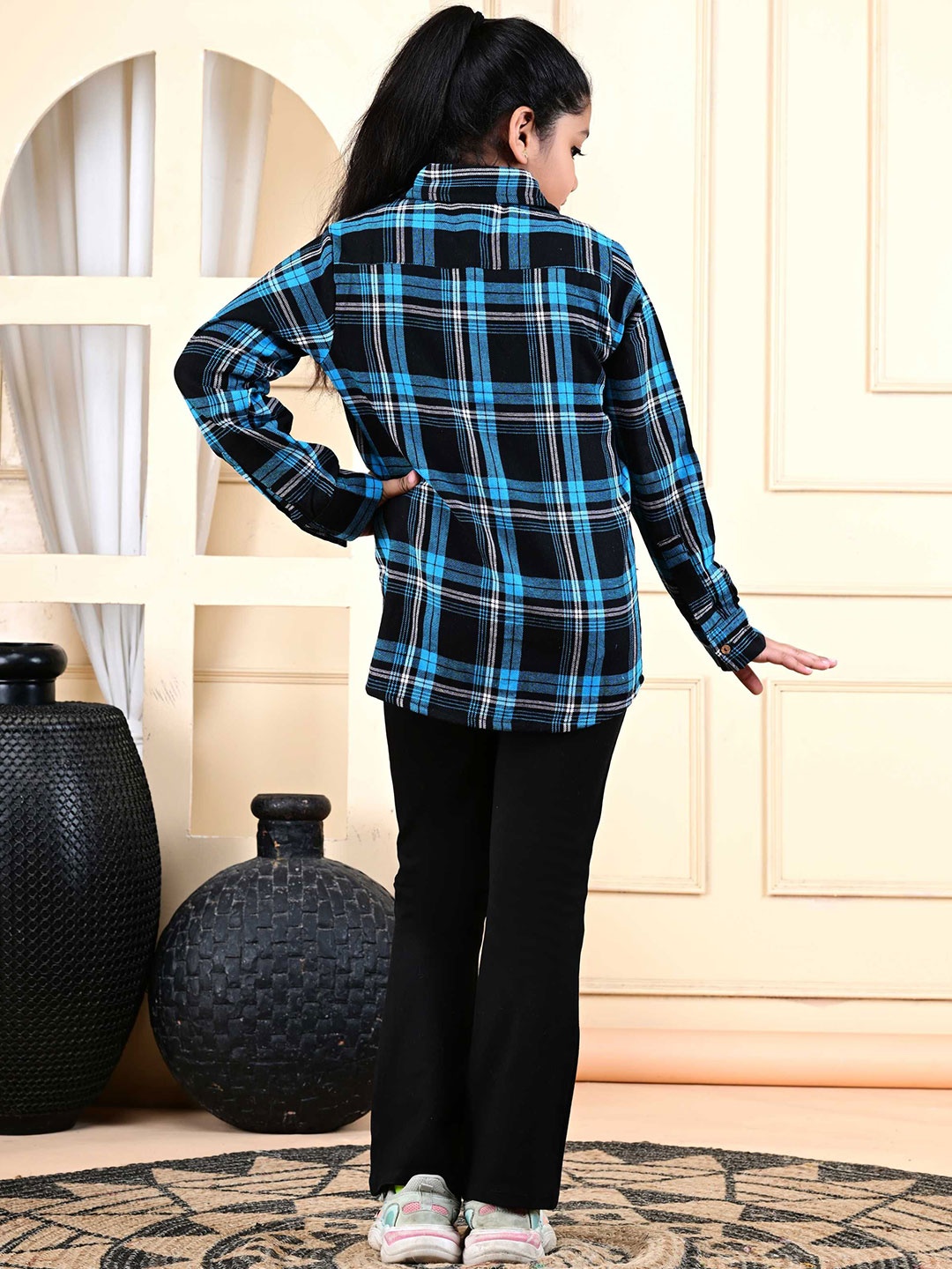 

GIANNA Unisex Kids Spread Collar Tartan Checked Cotton Casual Shirt, Blue