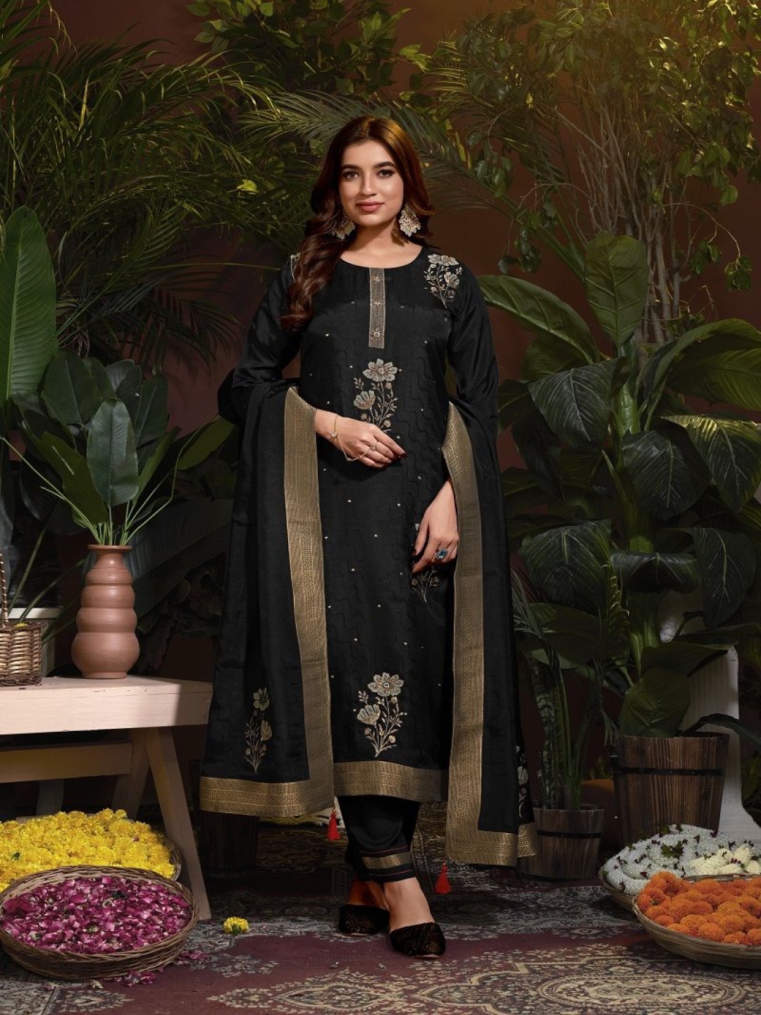 

Krimmple Women Floral Embroidered Regular Sequinned Kurta with Pyjamas & With Dupatta, Black