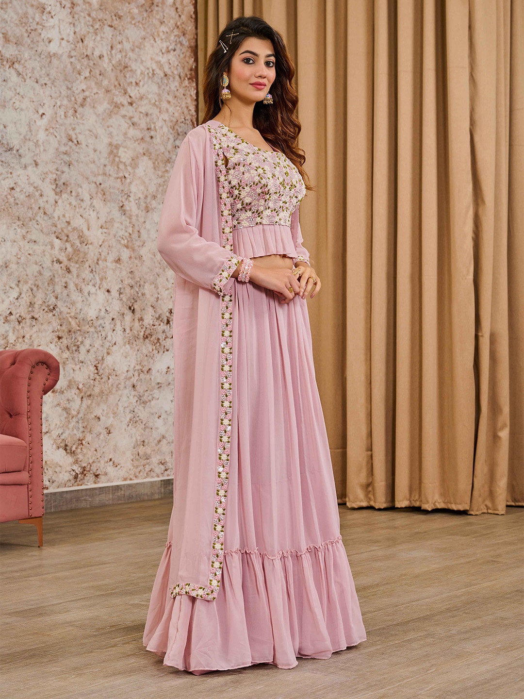 

Krimmple Embroidered Thread Work Ready to Wear Lehenga &, Pink
