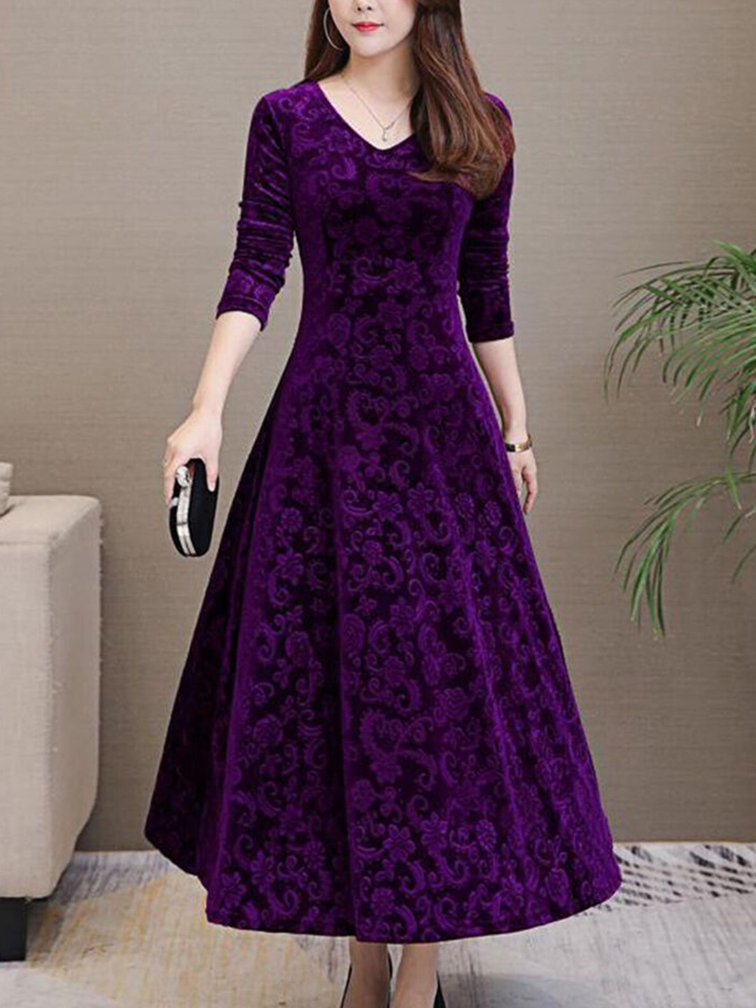 

WESTCHIC Floral Self Design Velvet Fit & Flare Maxi Dress, Purple