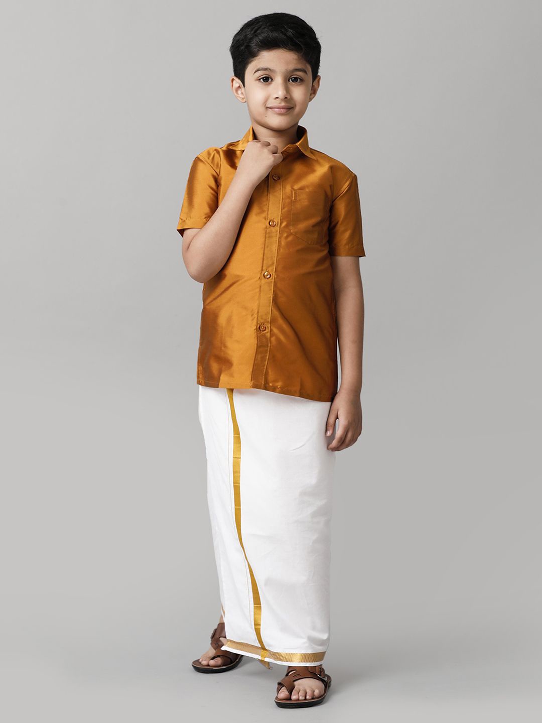 

Ramraj Boys Short Sleeves Shirt With Veshti, Mustard