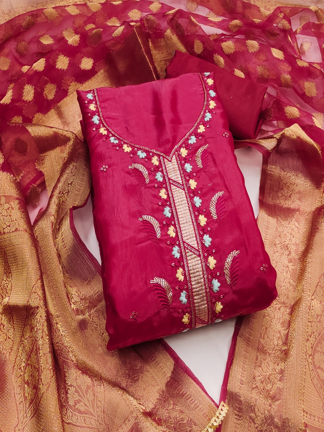 

KALINI Embroidered Pure Silk Unstitched Dress Material, Pink