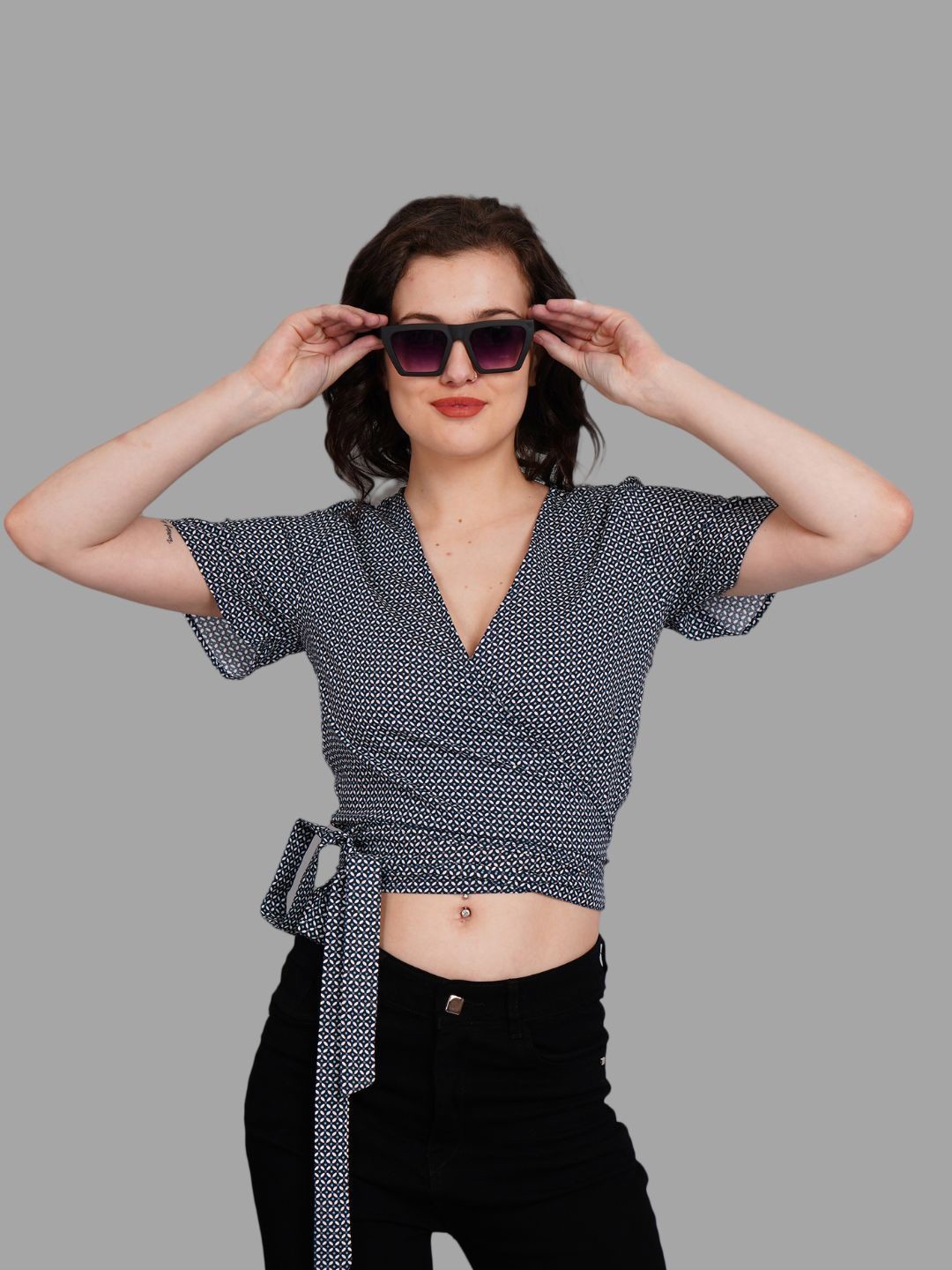 

Kiarabel Retail Women Floral Printed Wrap Crop Top, Navy blue