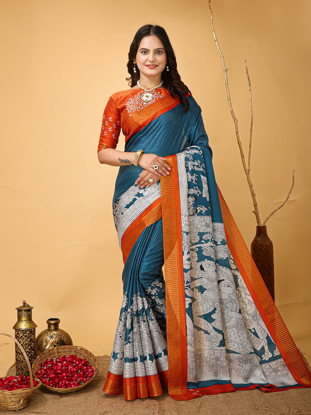 

LeeliPeeri Designer Woven Design Printed Zari Saree With Contrast Blouse Piece, Blue