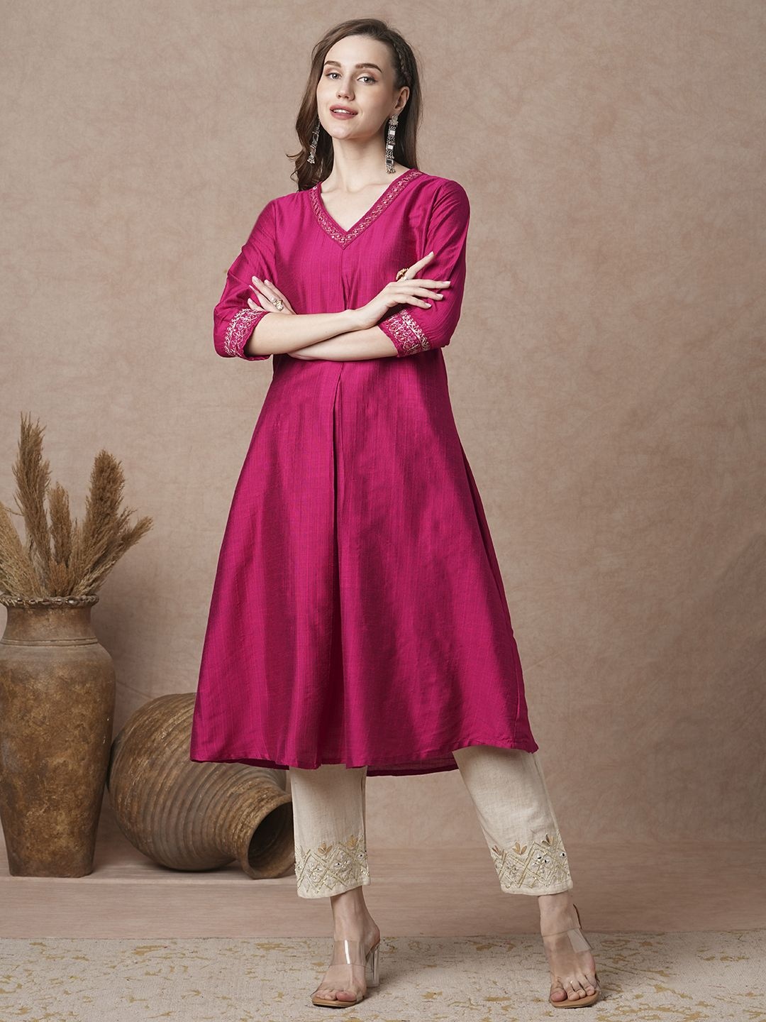 

FASHOR Ethnic Motifs Embroidered V-Neck Mirror Work A-line Kurta, Magenta