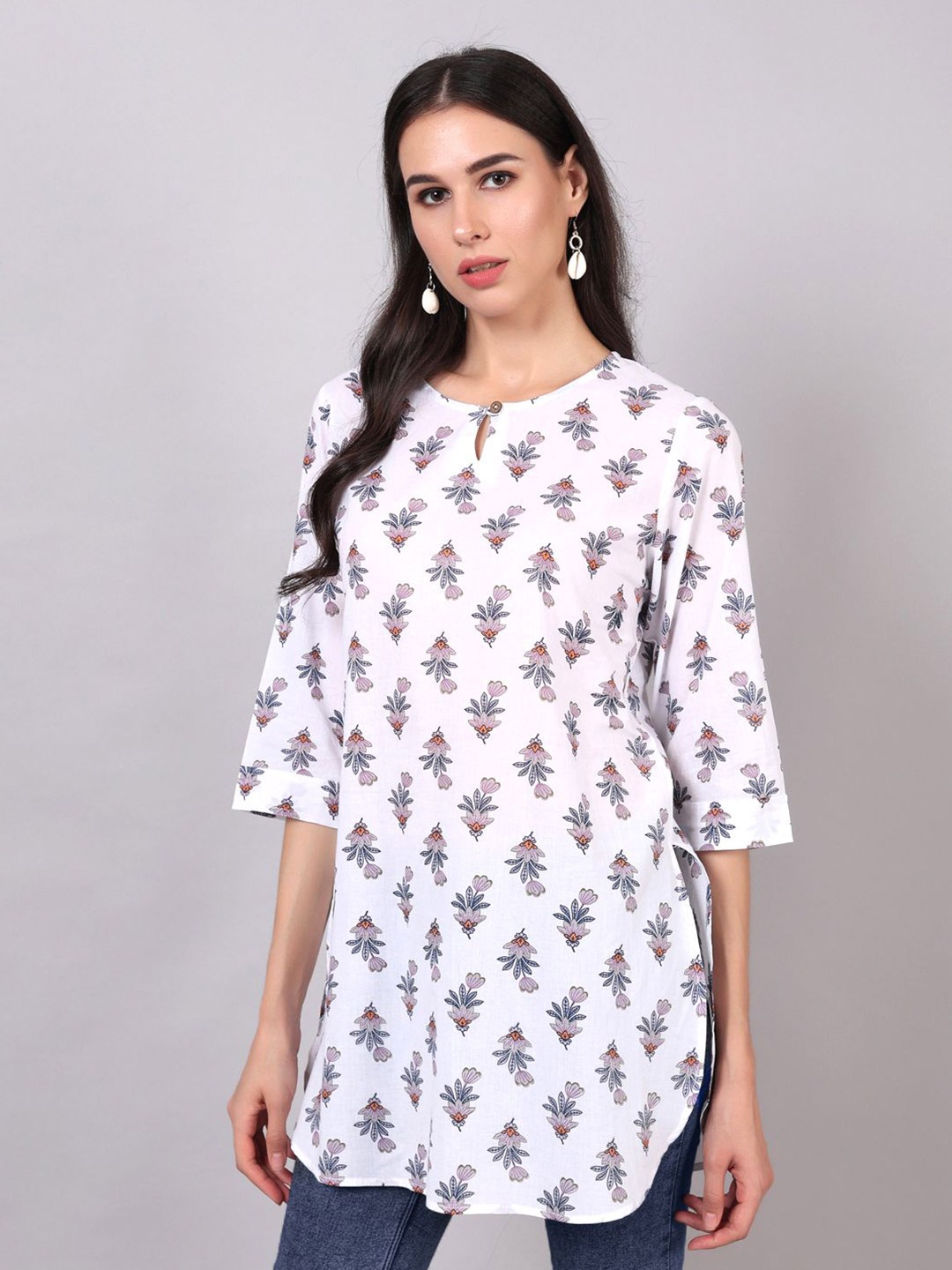 

Jaamso Royals Cotton Round Neck Printed Tunic, White