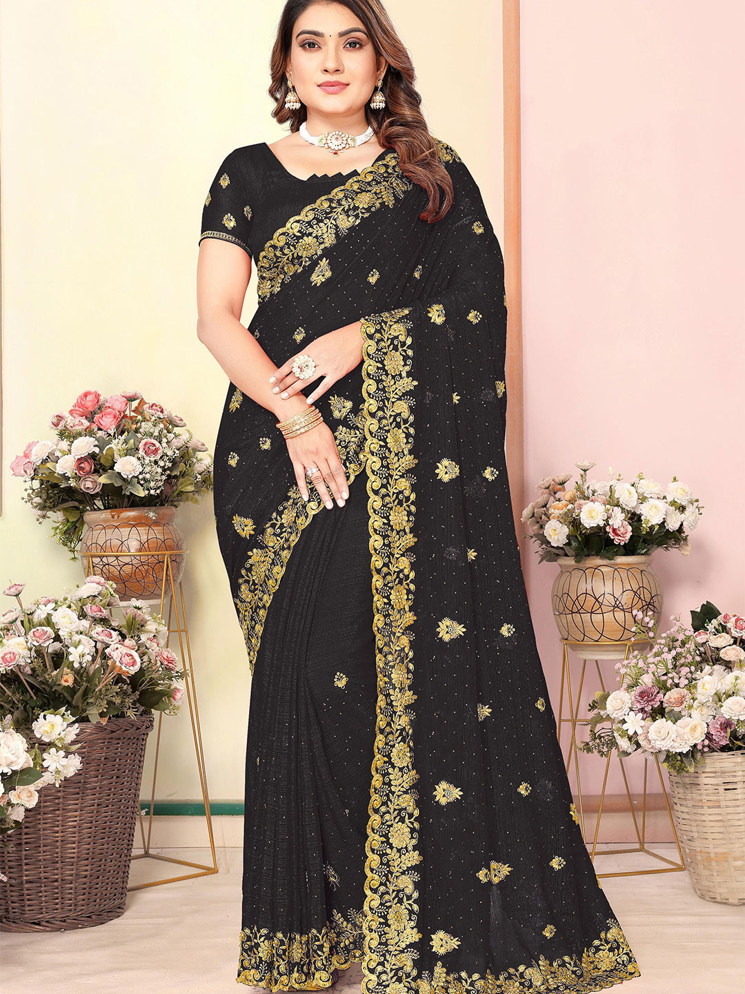 

KHRITI FAB Floral Embroidered Pure Georgette Saree, Black