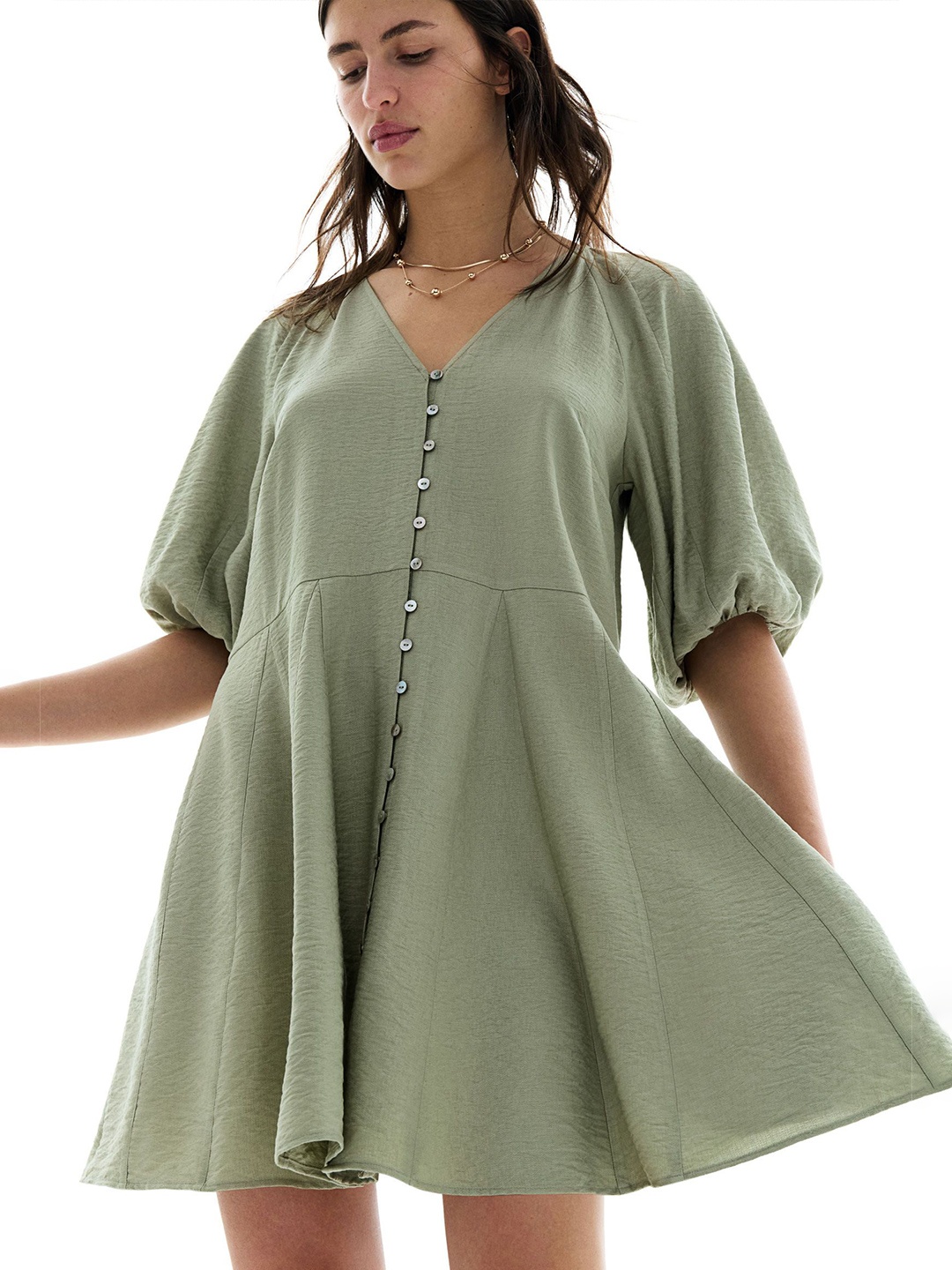 

H&M Flared-Skirt Dress, Green