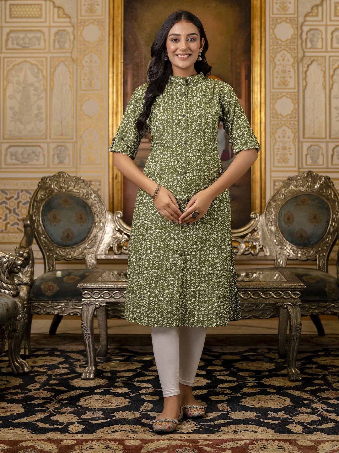 

TRIVEDI Printed Pure Cotton A-Line Kurtas, Green