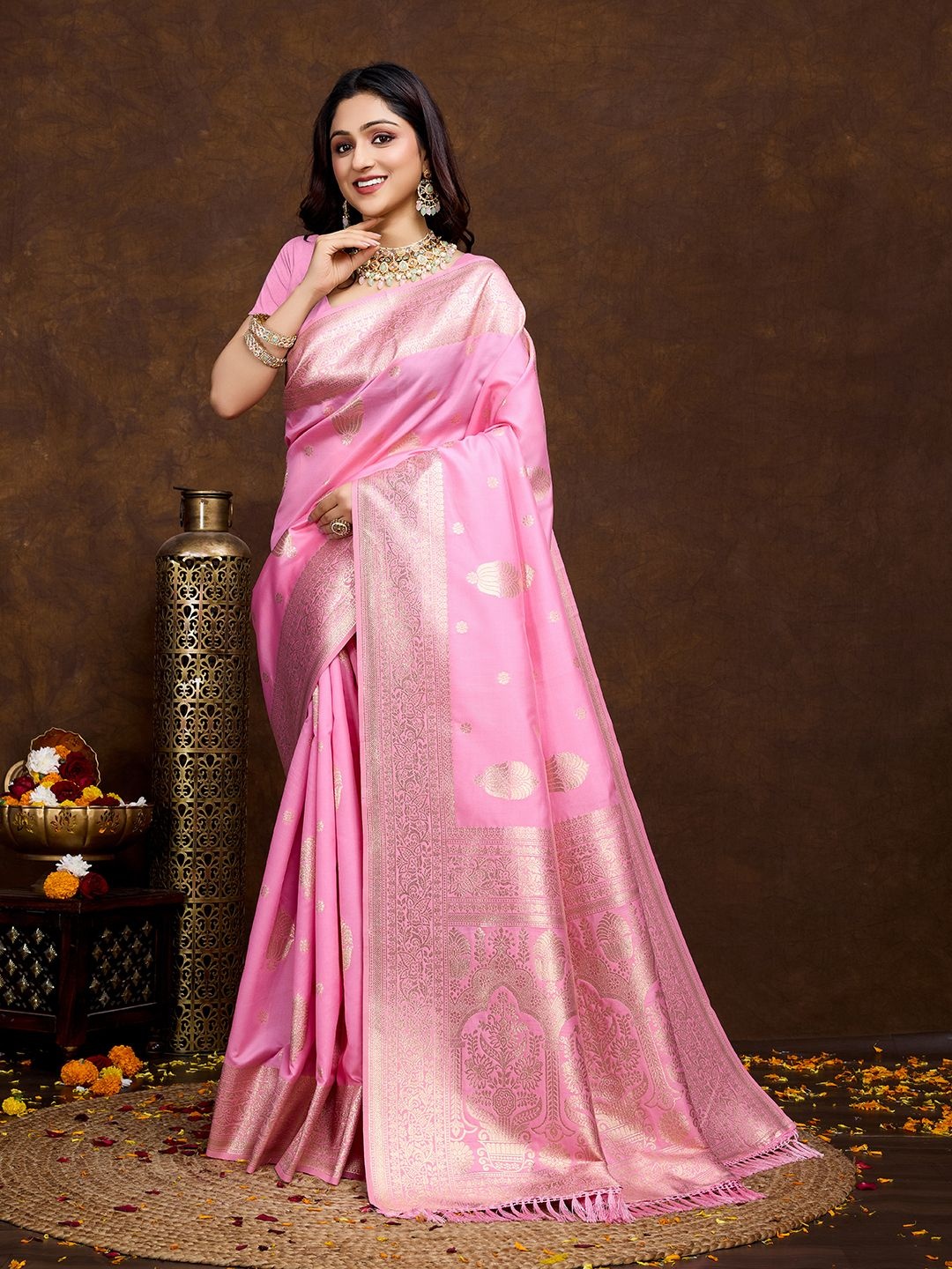 

bansari textiles Woven Design Zari Banarasi Saree, Pink