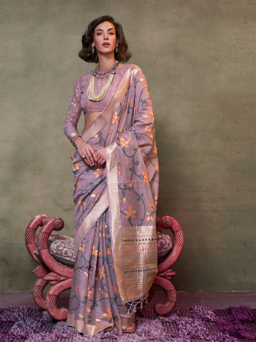 

ODETTE Floral Zari Silk Blend Saree, Lavender