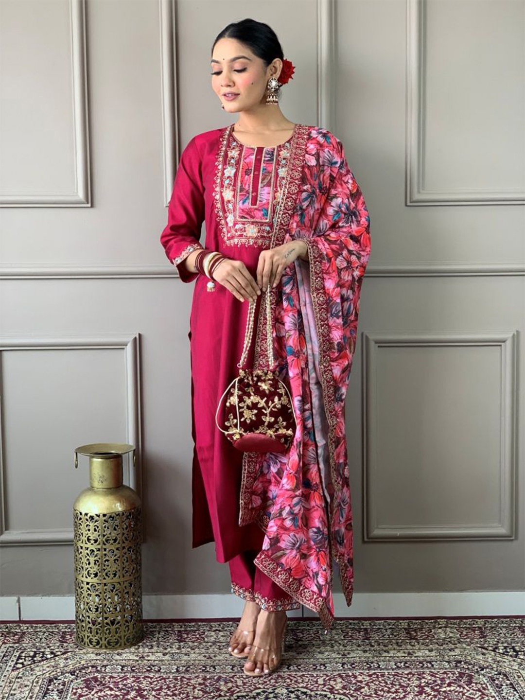 

SHREE KHODAL FASHION Women Embroidered Sequinned Chanderi Silk A-Line Kurti, Red