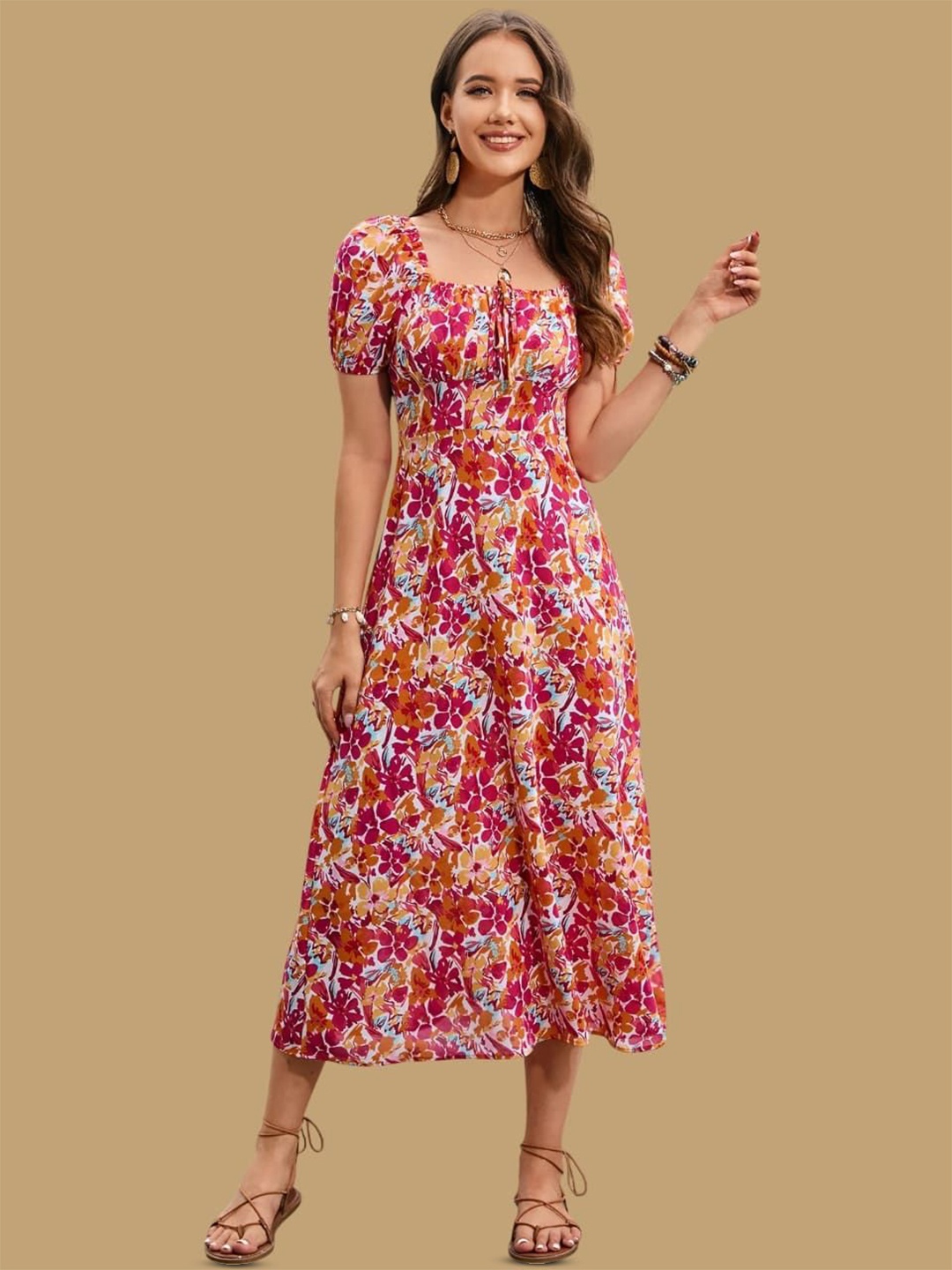 

ELYRAA Women Puff Sleeve Tie Up Floral Print Fit & Flare Midi Dress, Pink