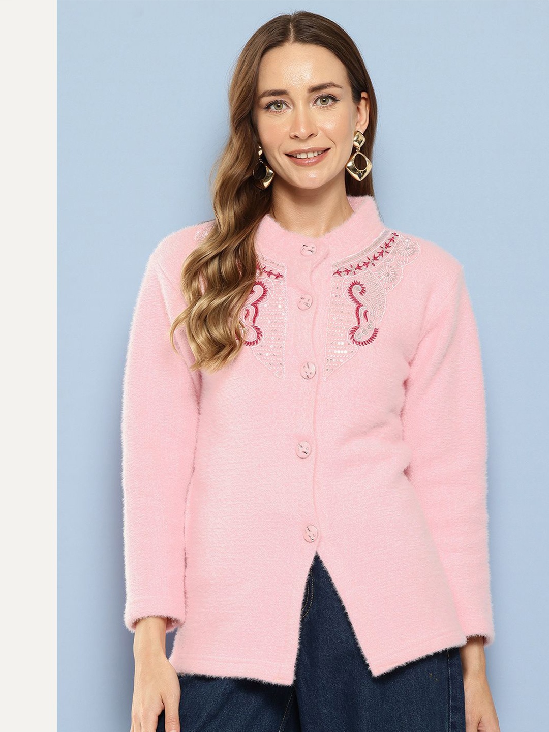 

BAESD Women Embroidered Woollen Cardigan with Embellished Detail, Pink