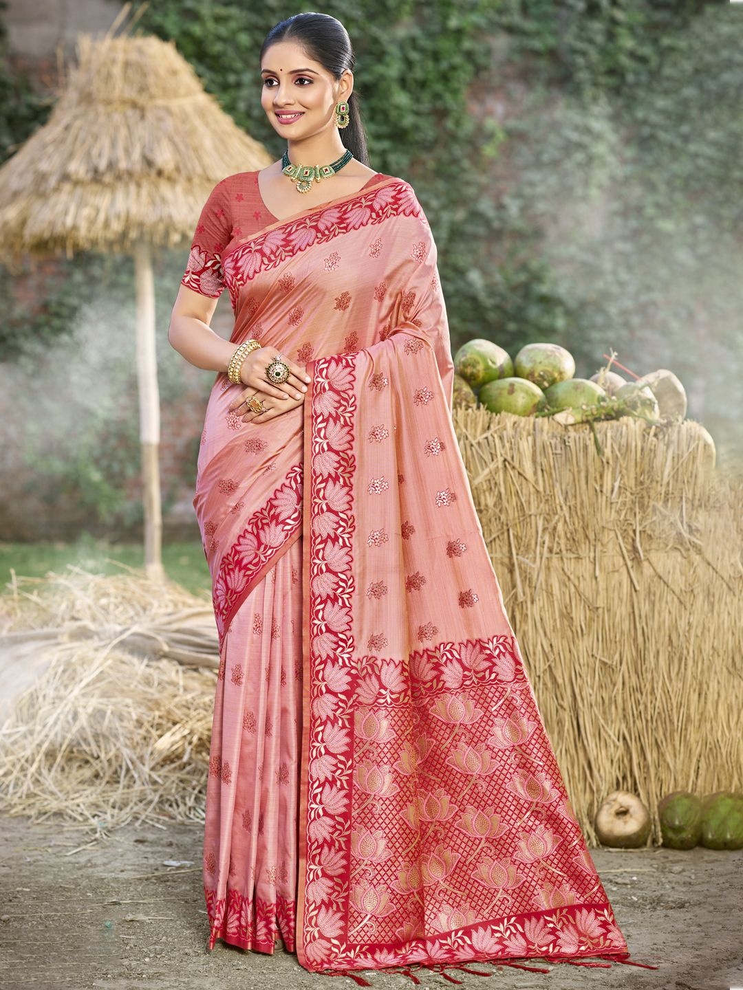 

SANGAM PRINTS Floral Zari Tussar Saree, Pink