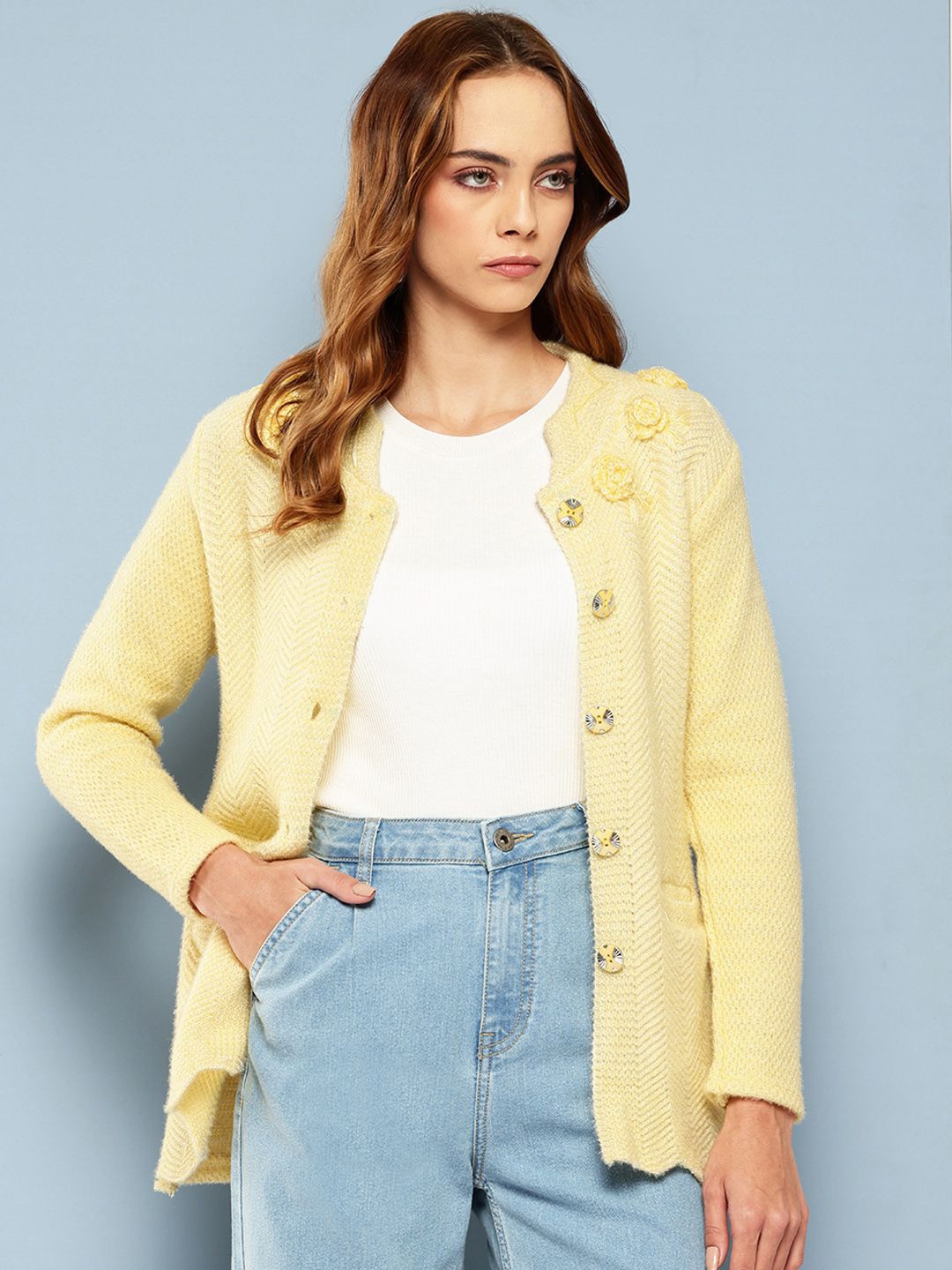 

BAESD Women Striped Woollen Cardigan with Embellished Detail, Yellow