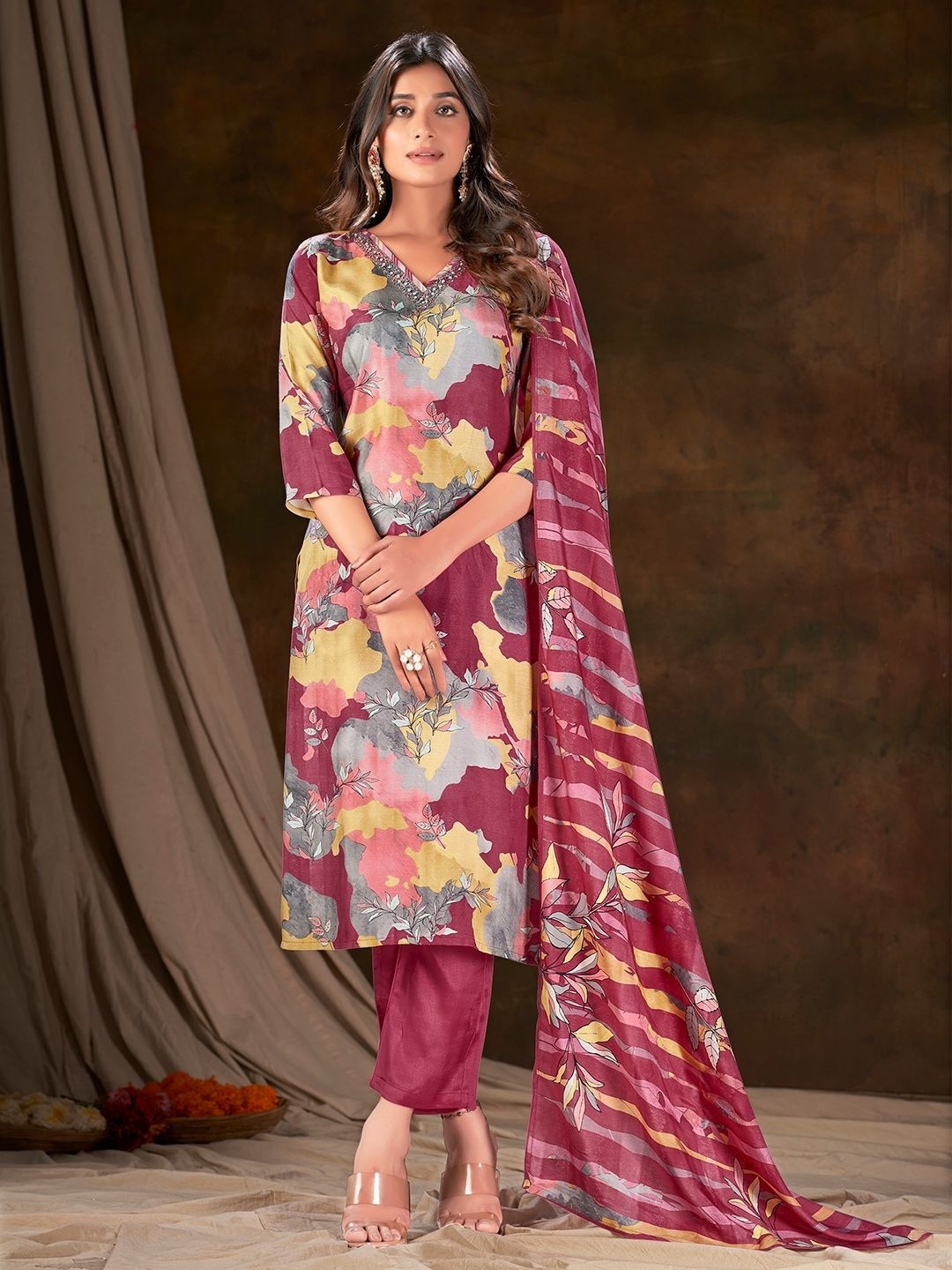 

Krimmple Women Floral Printed Regular Sequinned Kurta with Pyjamas & With Dupatta, Maroon