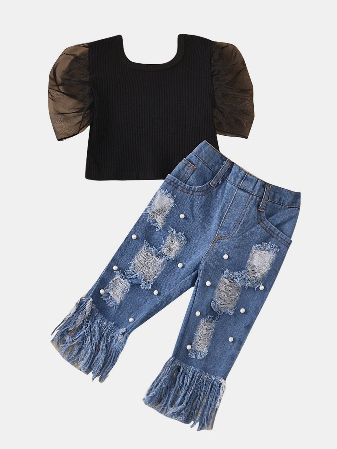 

YK Girls Striped Puffed Sleeves Top With Trousers, Black