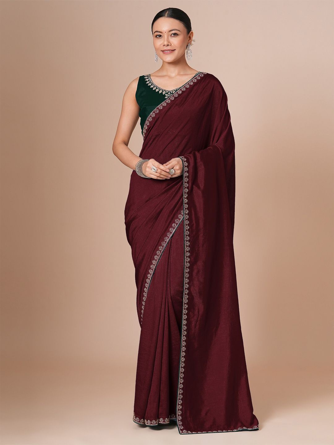 

House of Pataudi Embellished Saree With Blouse Piece, Maroon
