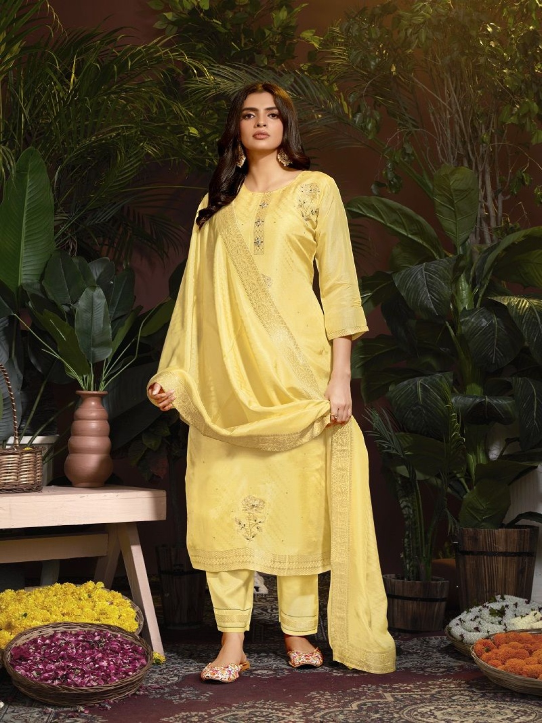 

Krimmple Women Floral Embroidered Regular Sequinned Kurta with Pyjamas & With Dupatta, Yellow
