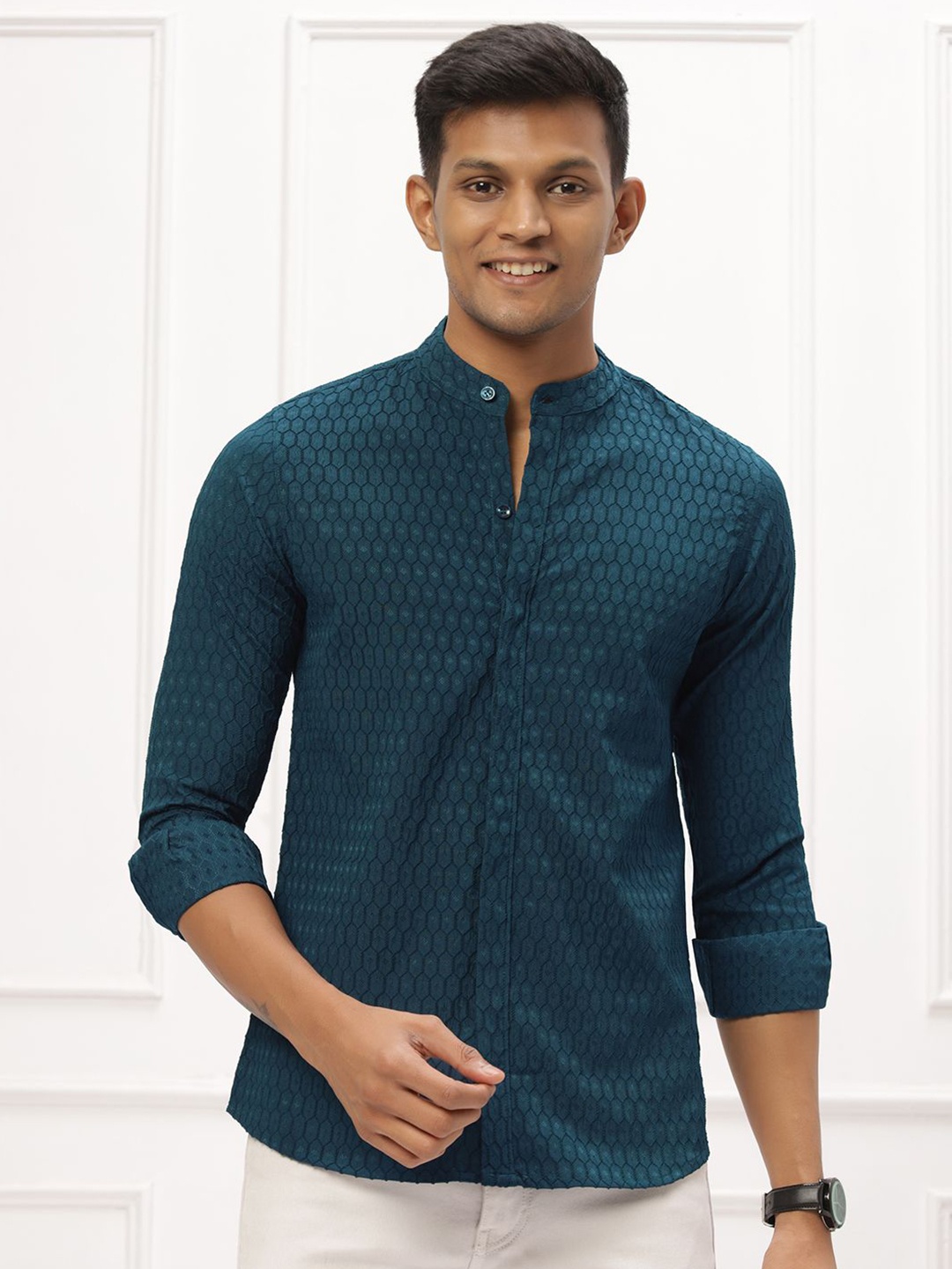 

N AND J Men Band Collar Geometric Printed Slim Fit Casual Shirt, Teal