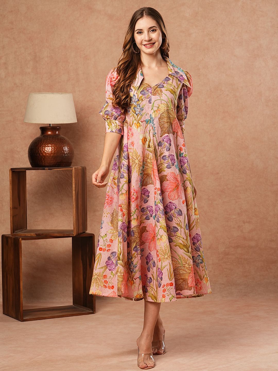 

FASHOR Floral Print Puff Sleeve A-Line Midi Dress, Pink