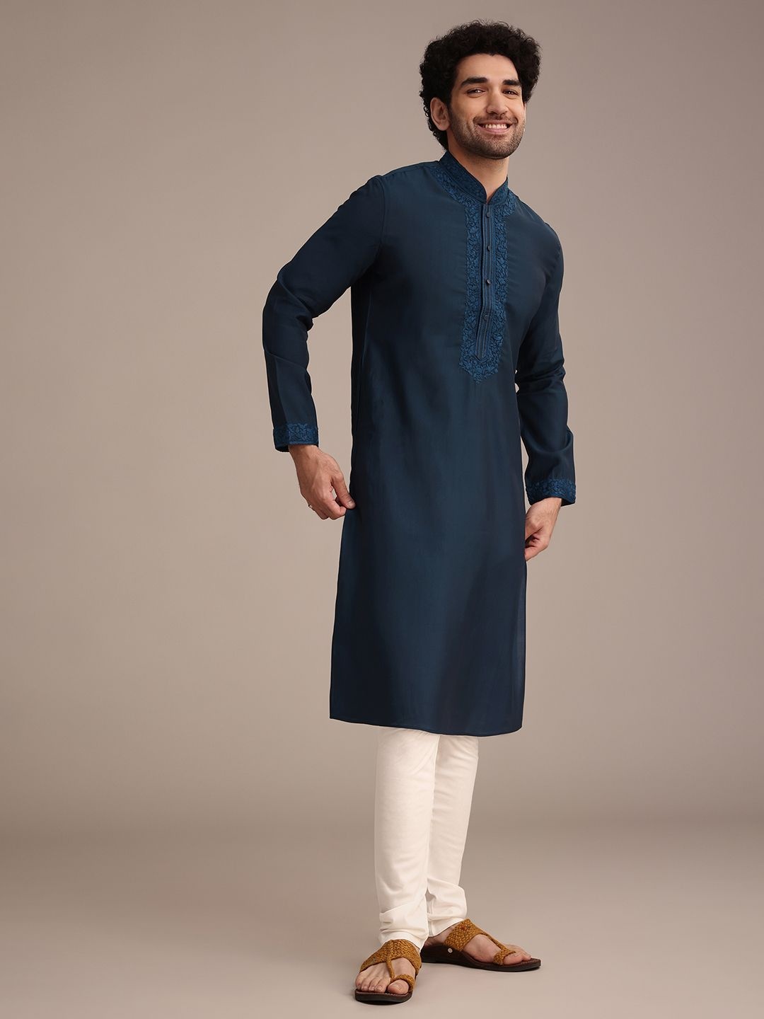 

KALKI Fashion Floral Yoke Design Mandarin Collar Thread Work Straight Kurta With Churidar, Navy blue